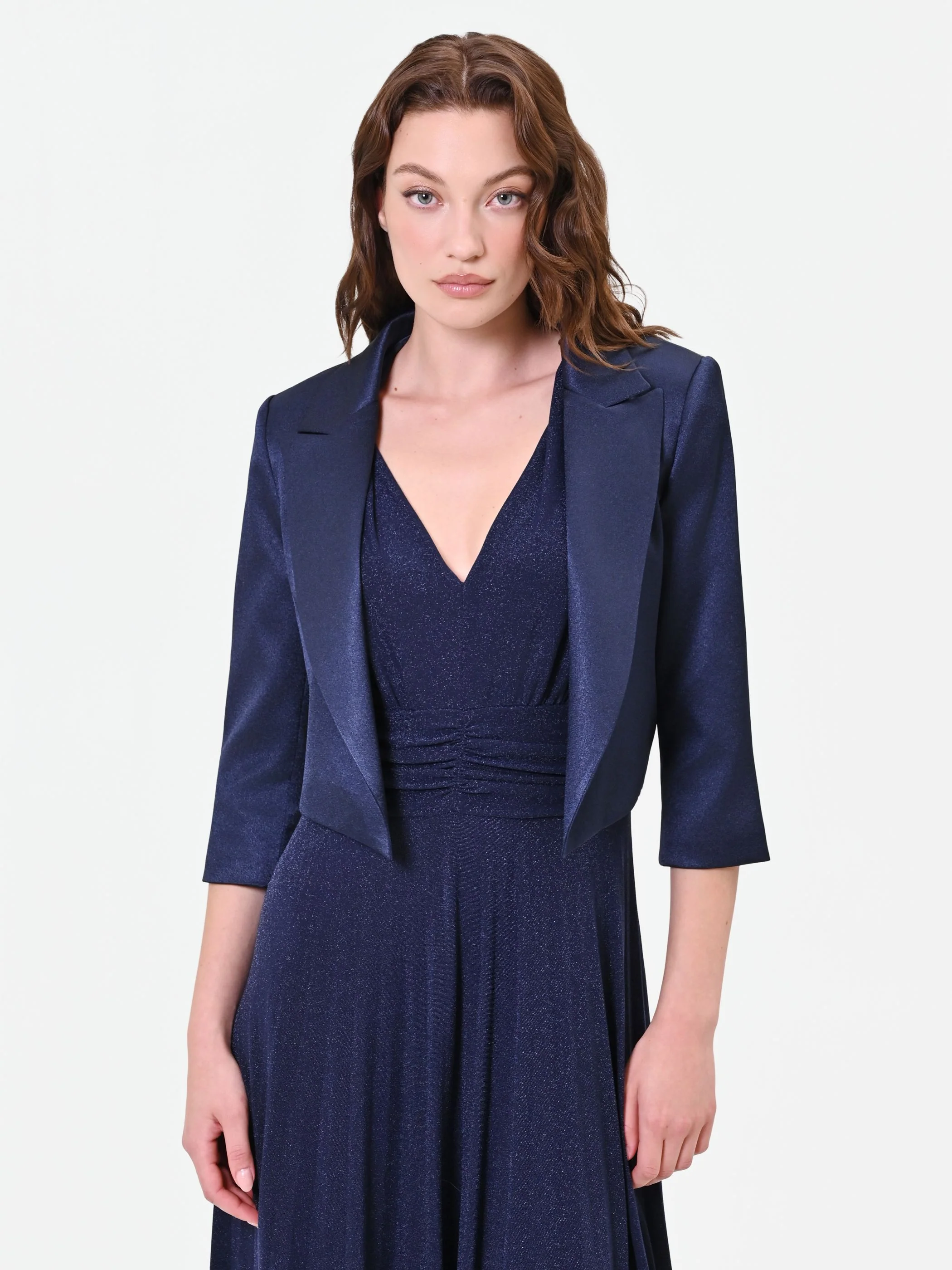 Giacca bolero blu navy con revers in raso - Image 5