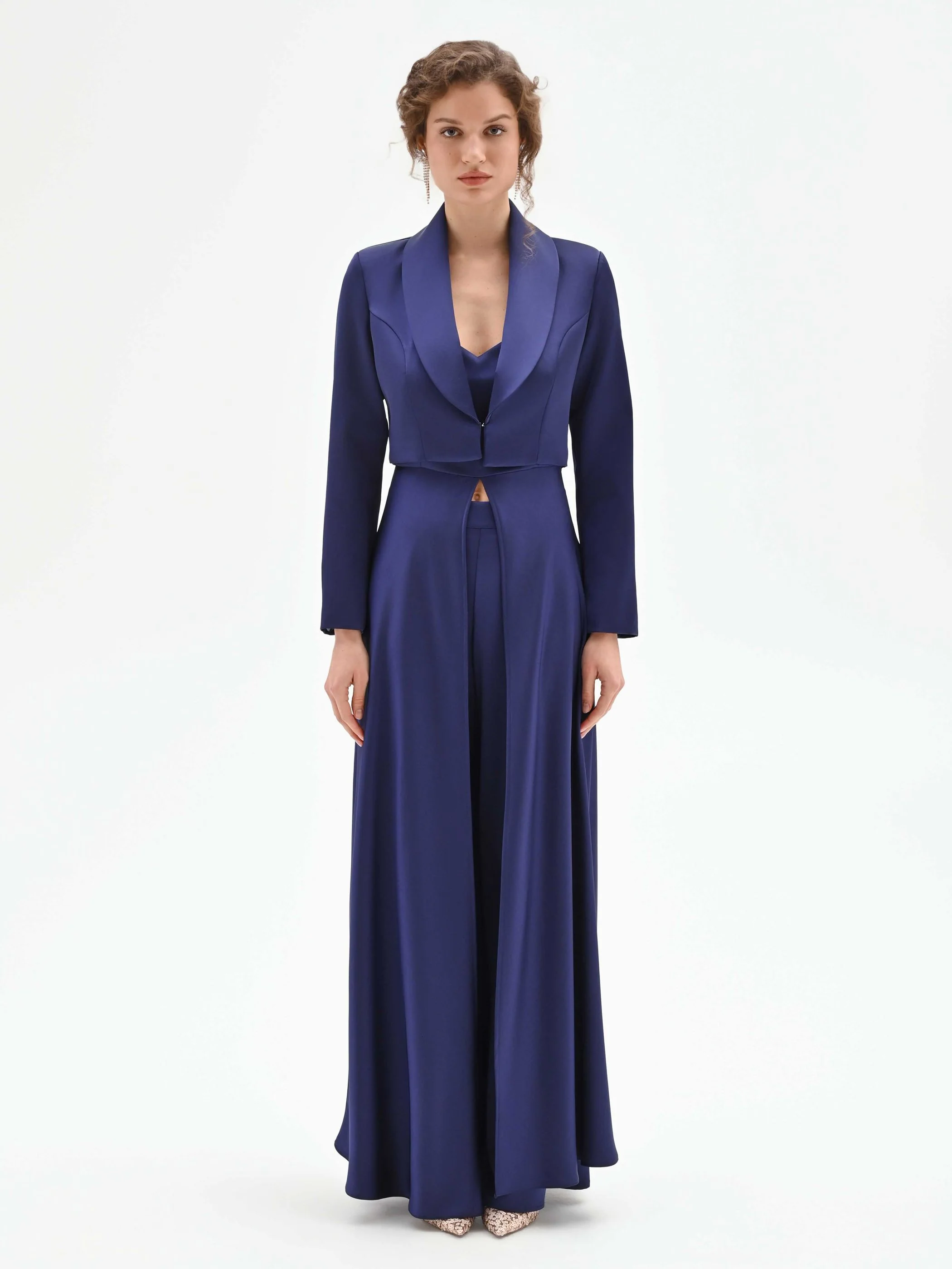Giacca corta atelier blu indaco in raso