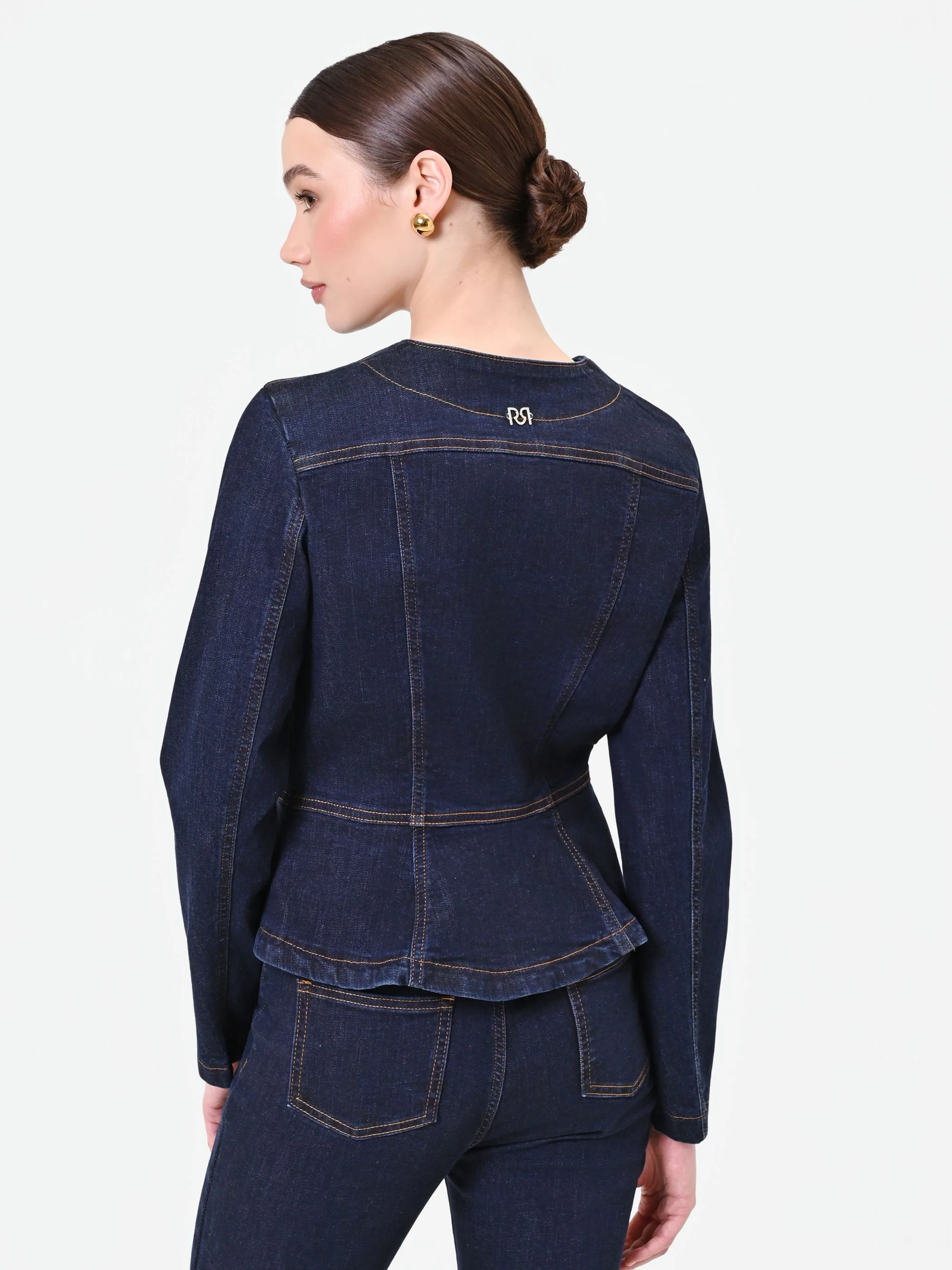 Giacca in denim blu navy con baschina - Image 5