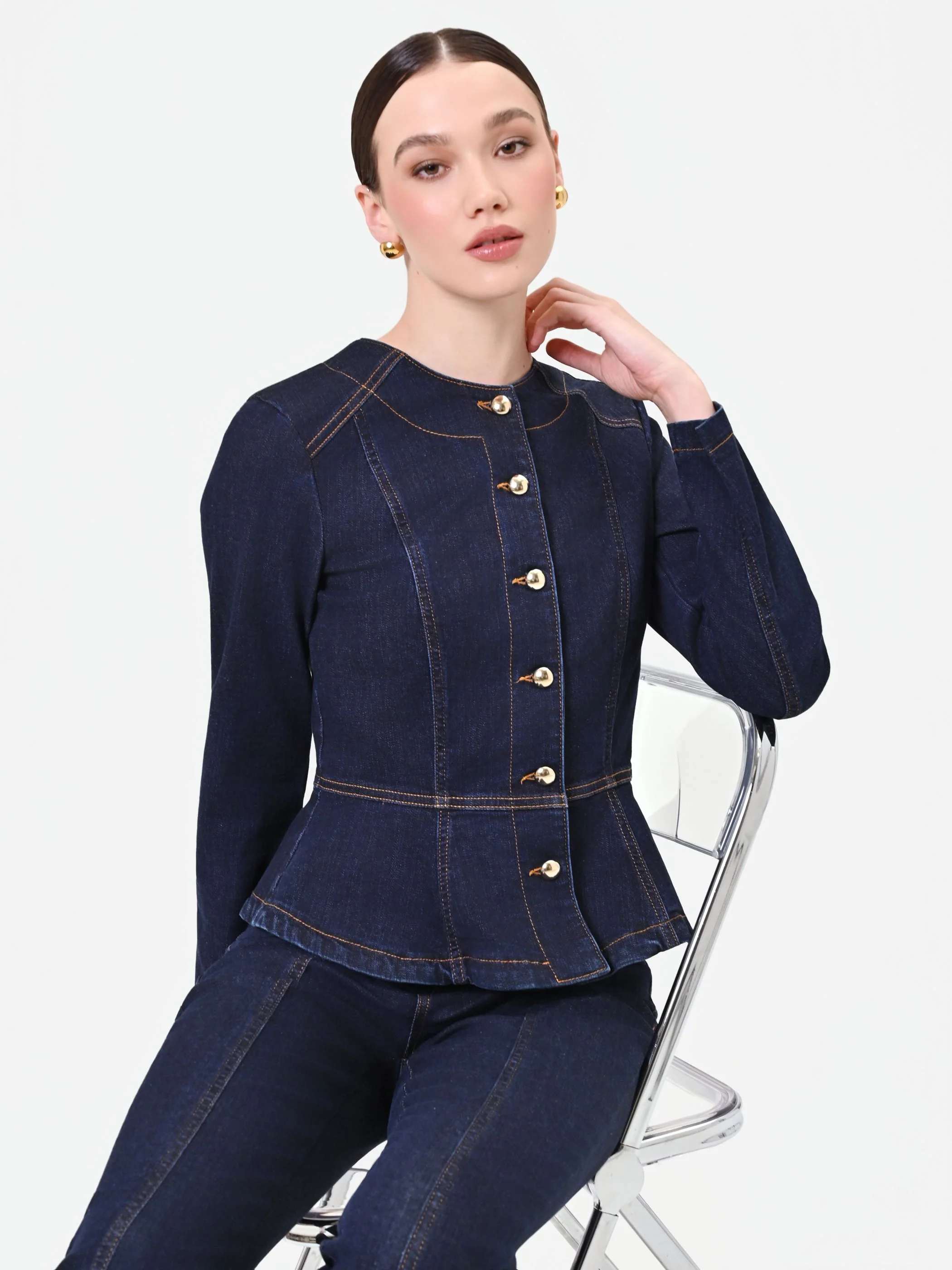 Giacca in denim blu navy con baschina - Image 6