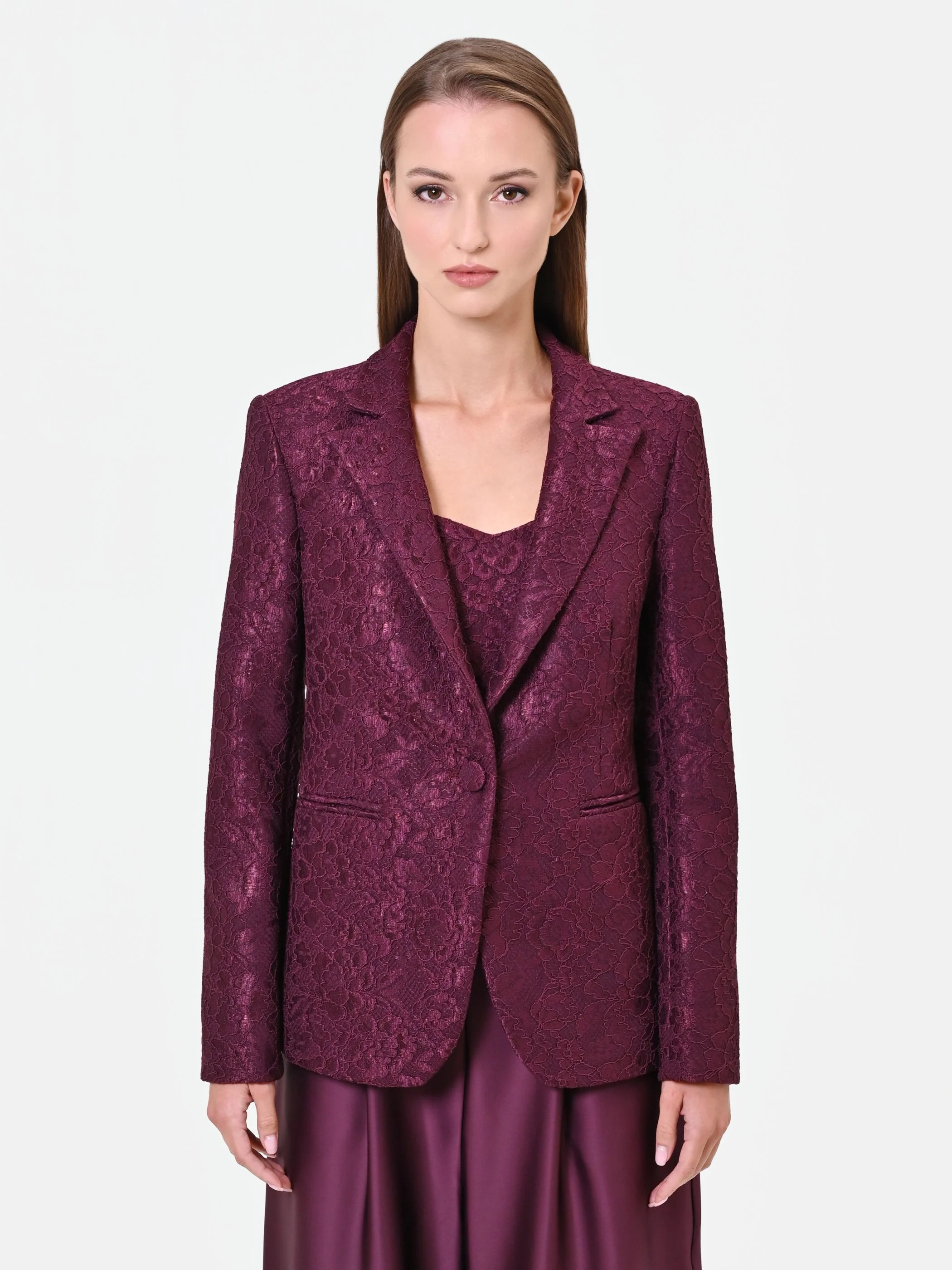 Giacca monopetto bordeaux rosso effetto pizzo - Image 2