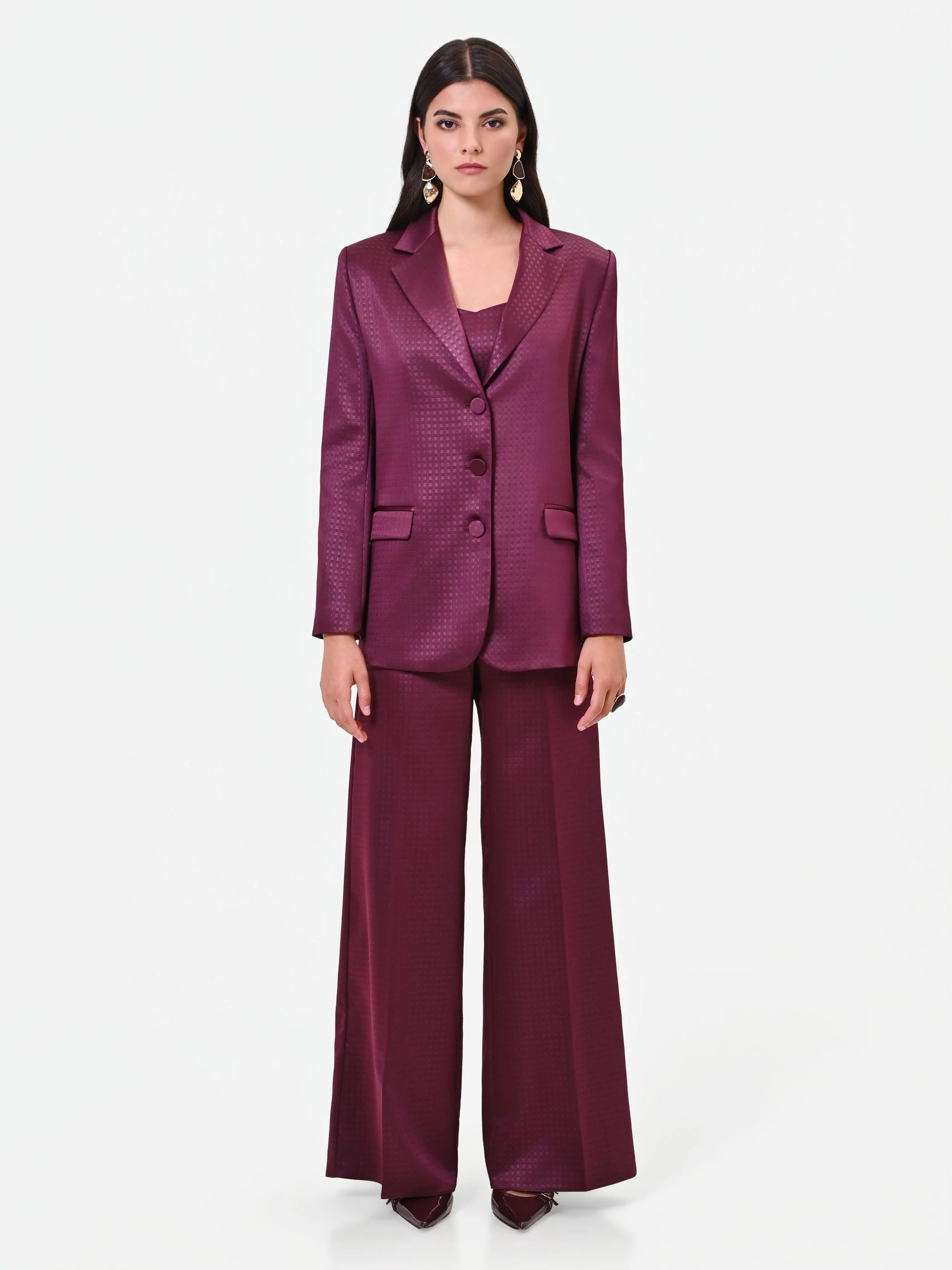 Giacca monopetto bordeaux rosso in raso jacquard Giorgia Palmas X Rinascimento