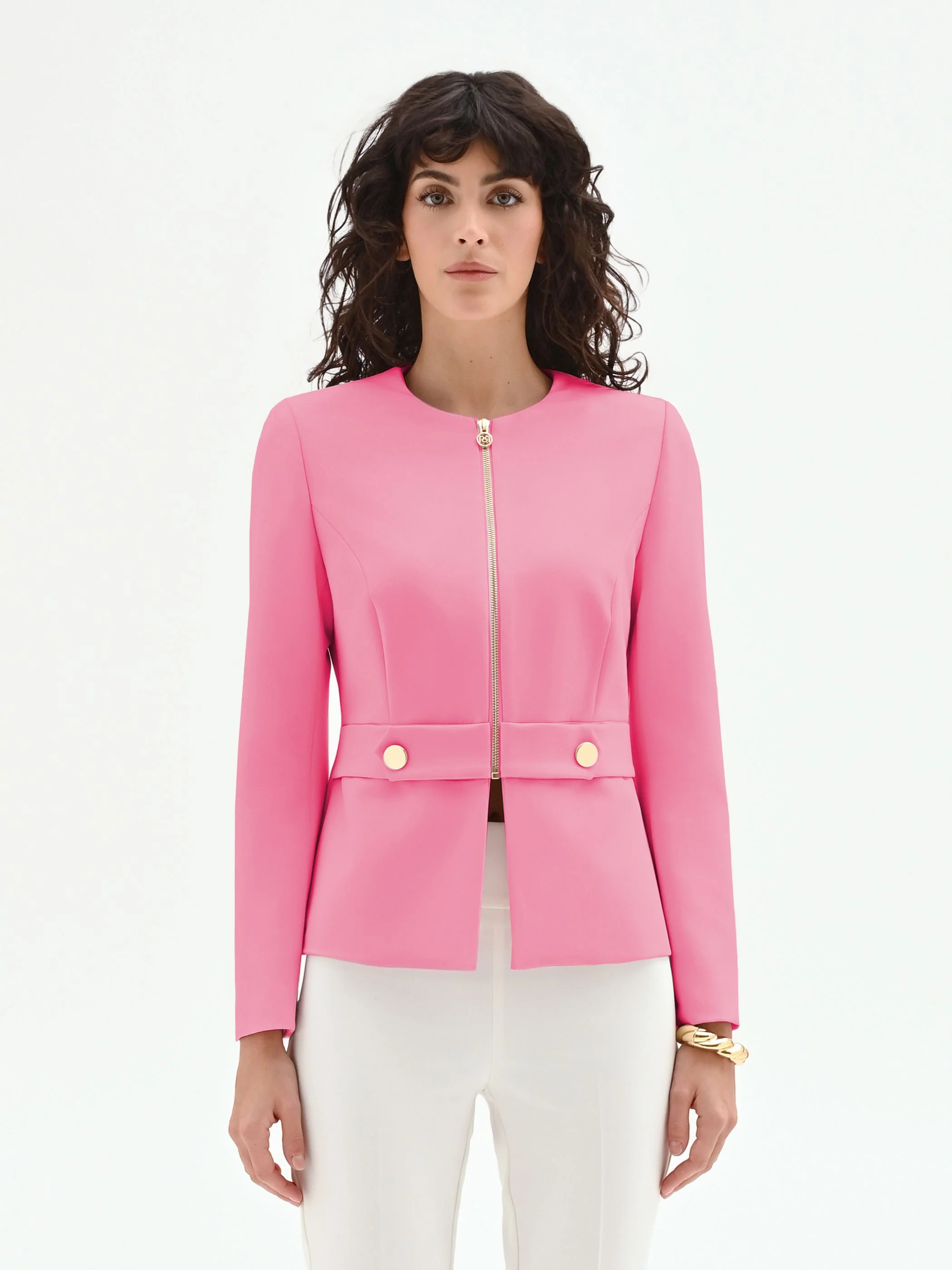 Giacca rosa con fascia in vita e zip dorata - Image 2