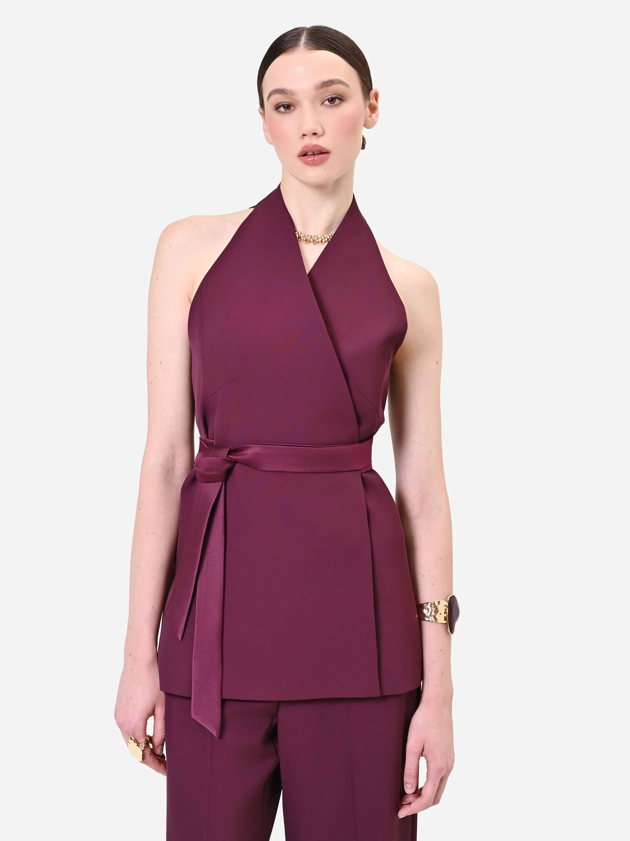 Gilet bordeaux rosso con cintura in vita - Image 5