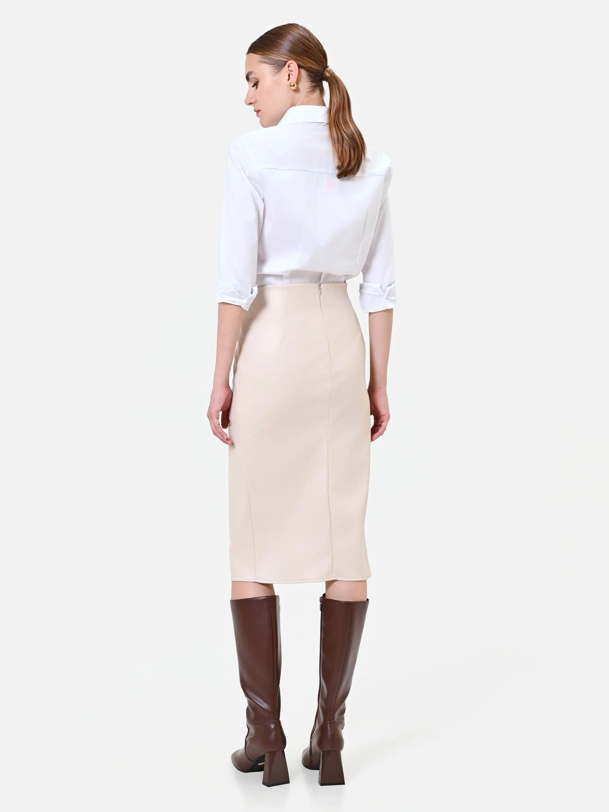 Gonna a tubino tortora beige con spacco asimmetrico