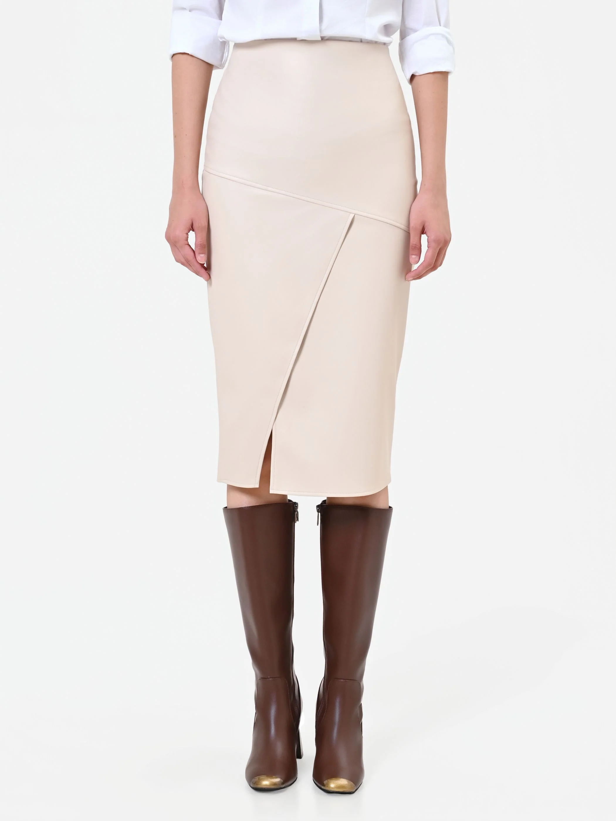 Gonna a tubino tortora beige con spacco asimmetrico - Image 3