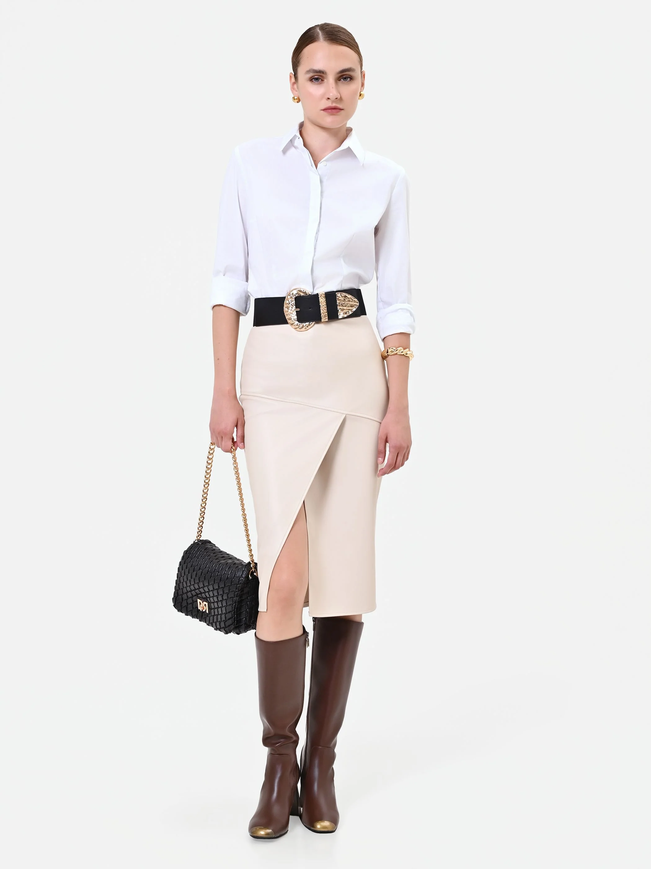Gonna a tubino tortora beige con spacco asimmetrico - Image 6