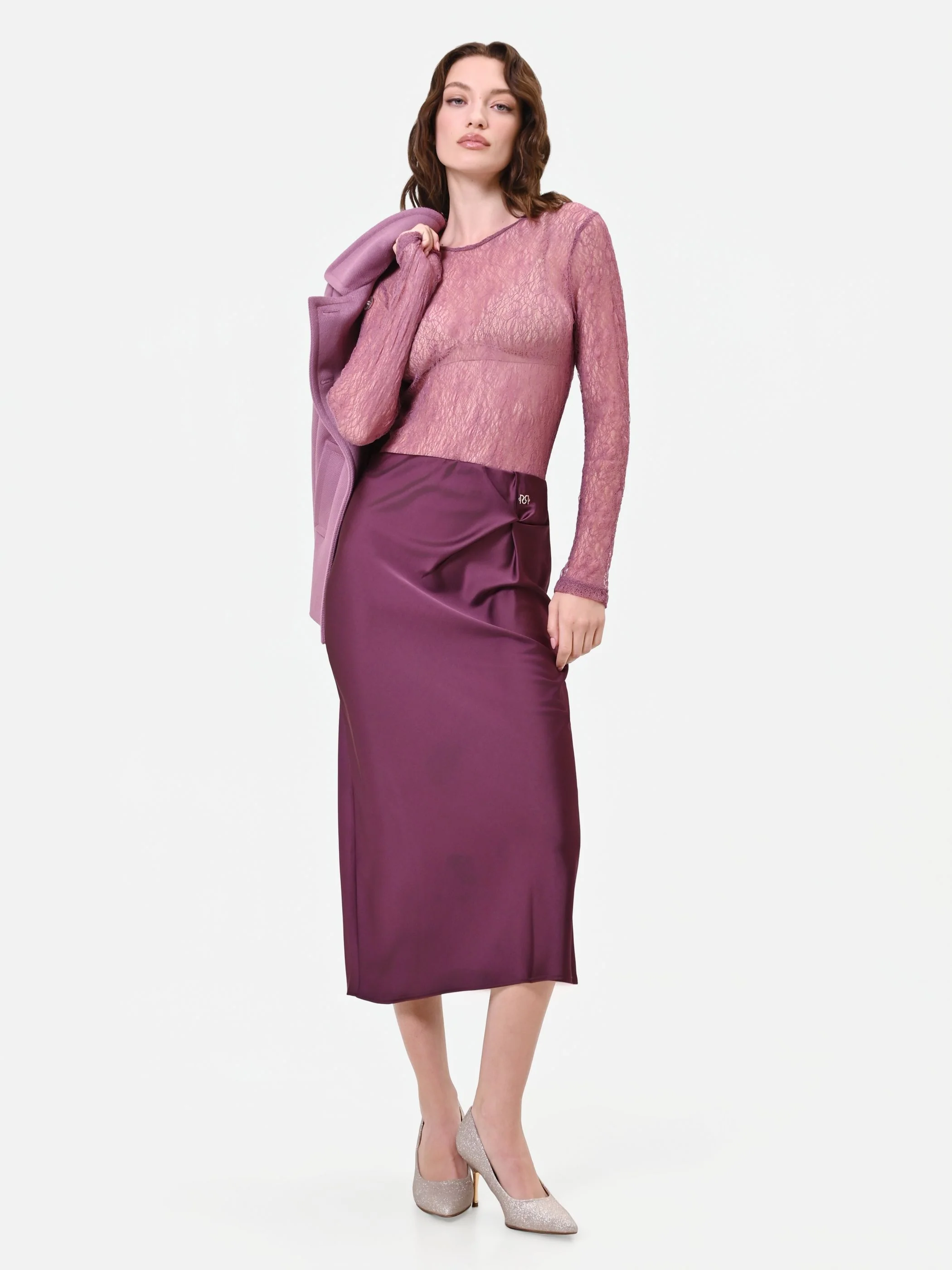 Gonna longuette bordeaux rosso con drappeggio - Image 5