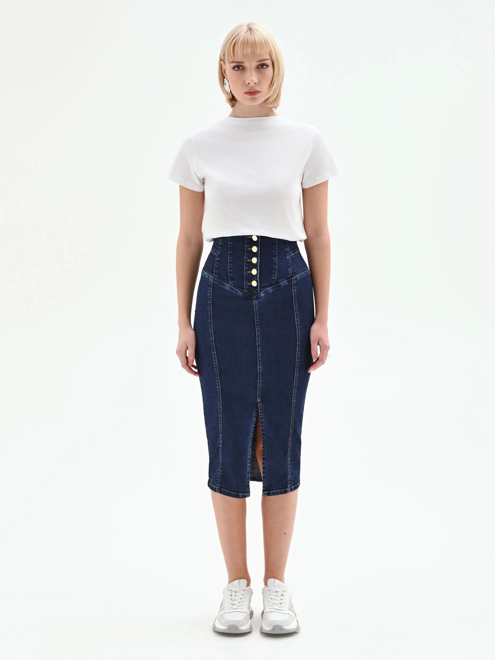 Gonna longuette denim blu navy con bottoni dorati