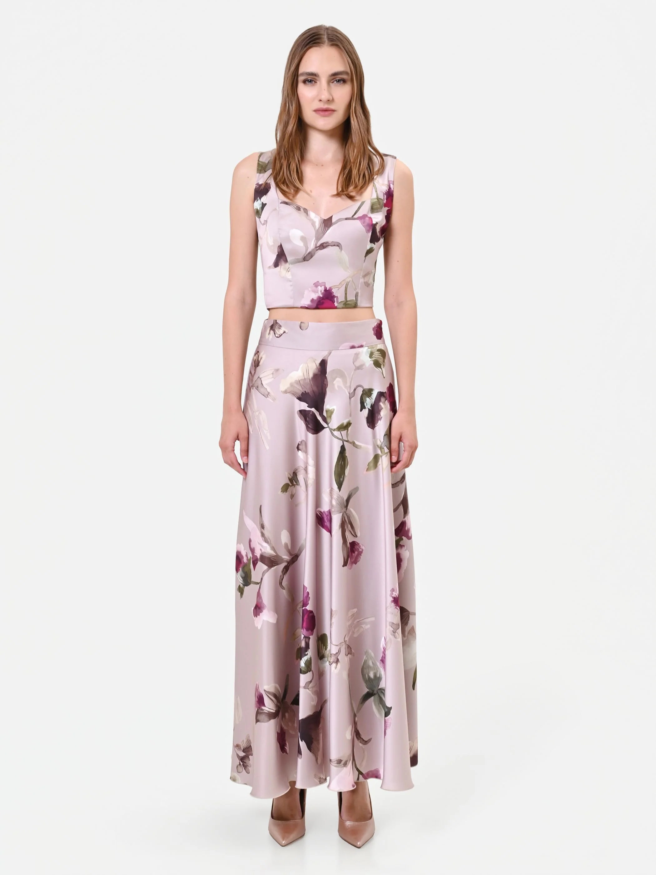 Gonna lunga in raso stampa floreale tortora beige - Image 3