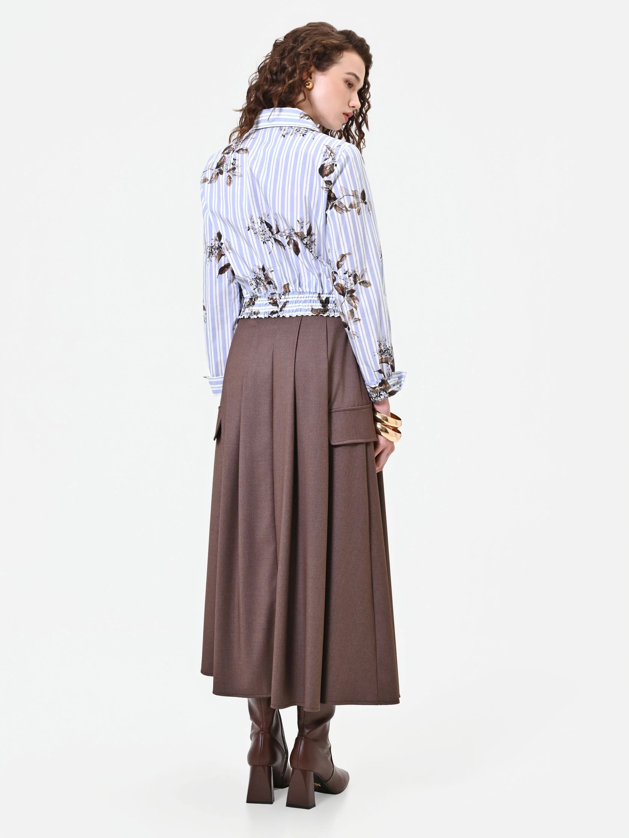 Gonna lunga marrone fango a pieghe larghe - Image 3