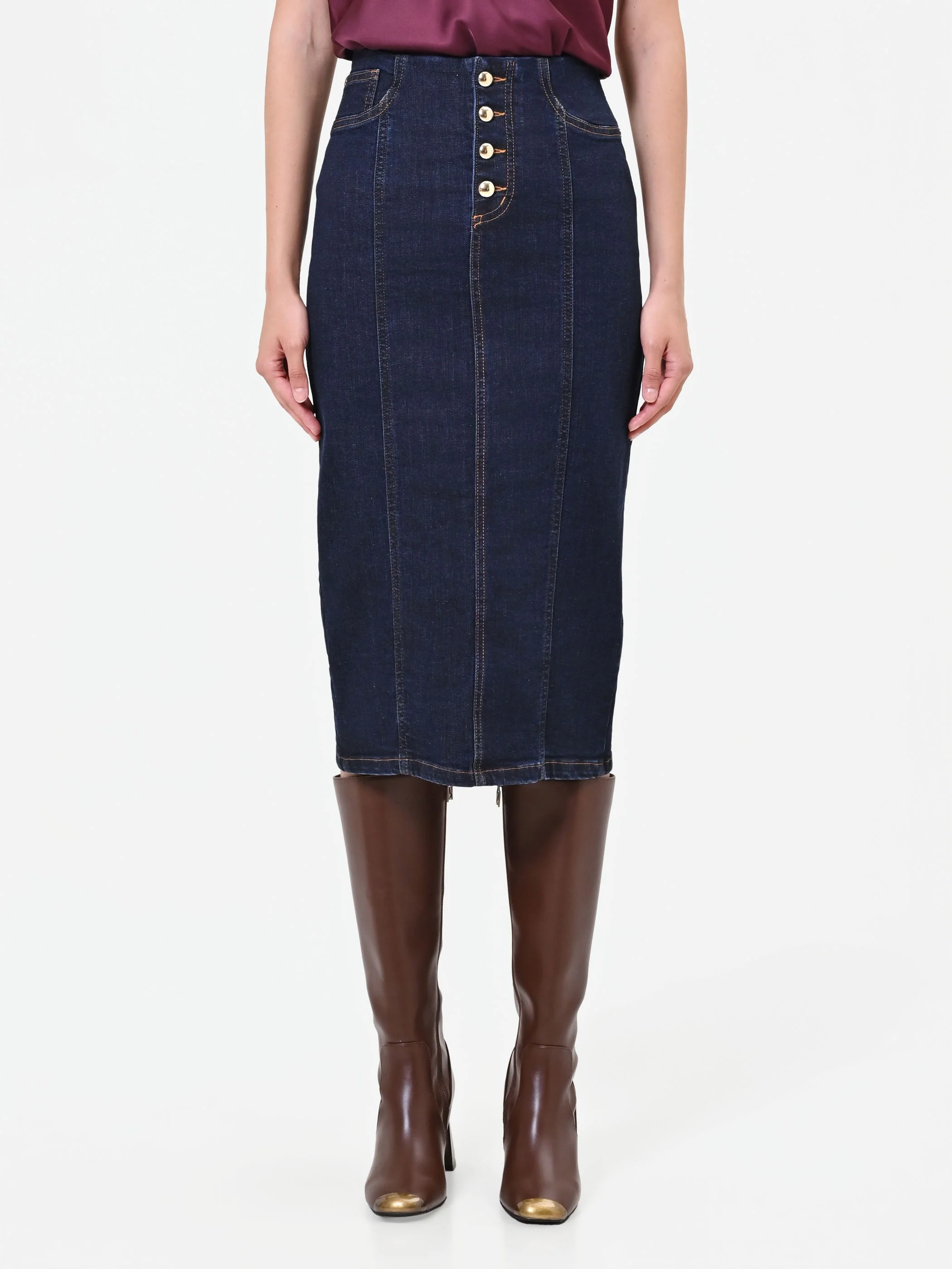 Gonna tubino blu navy in denim con bottoni dorati - Image 2