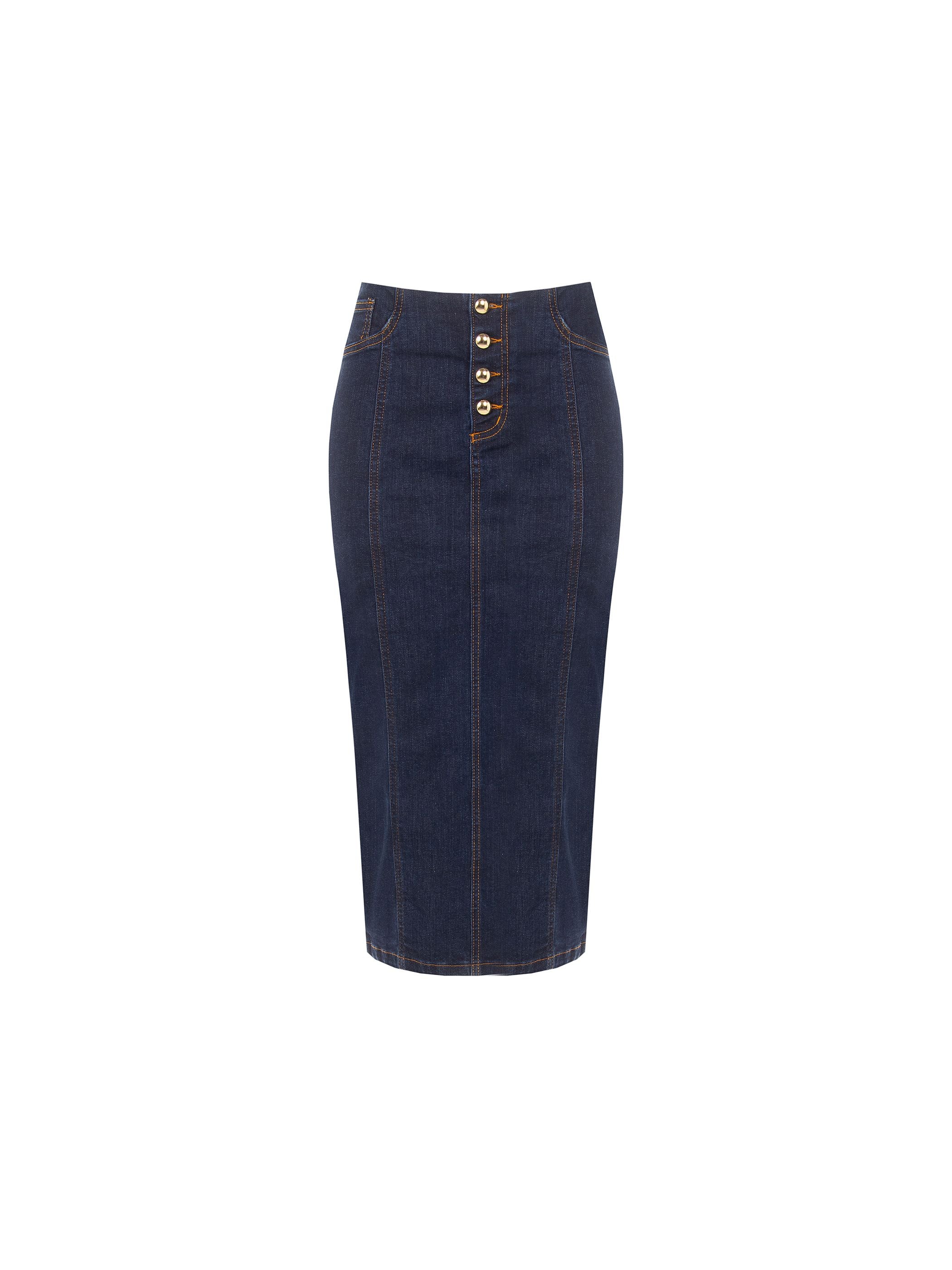 Gonna tubino blu navy in denim con bottoni dorati - Image 6
