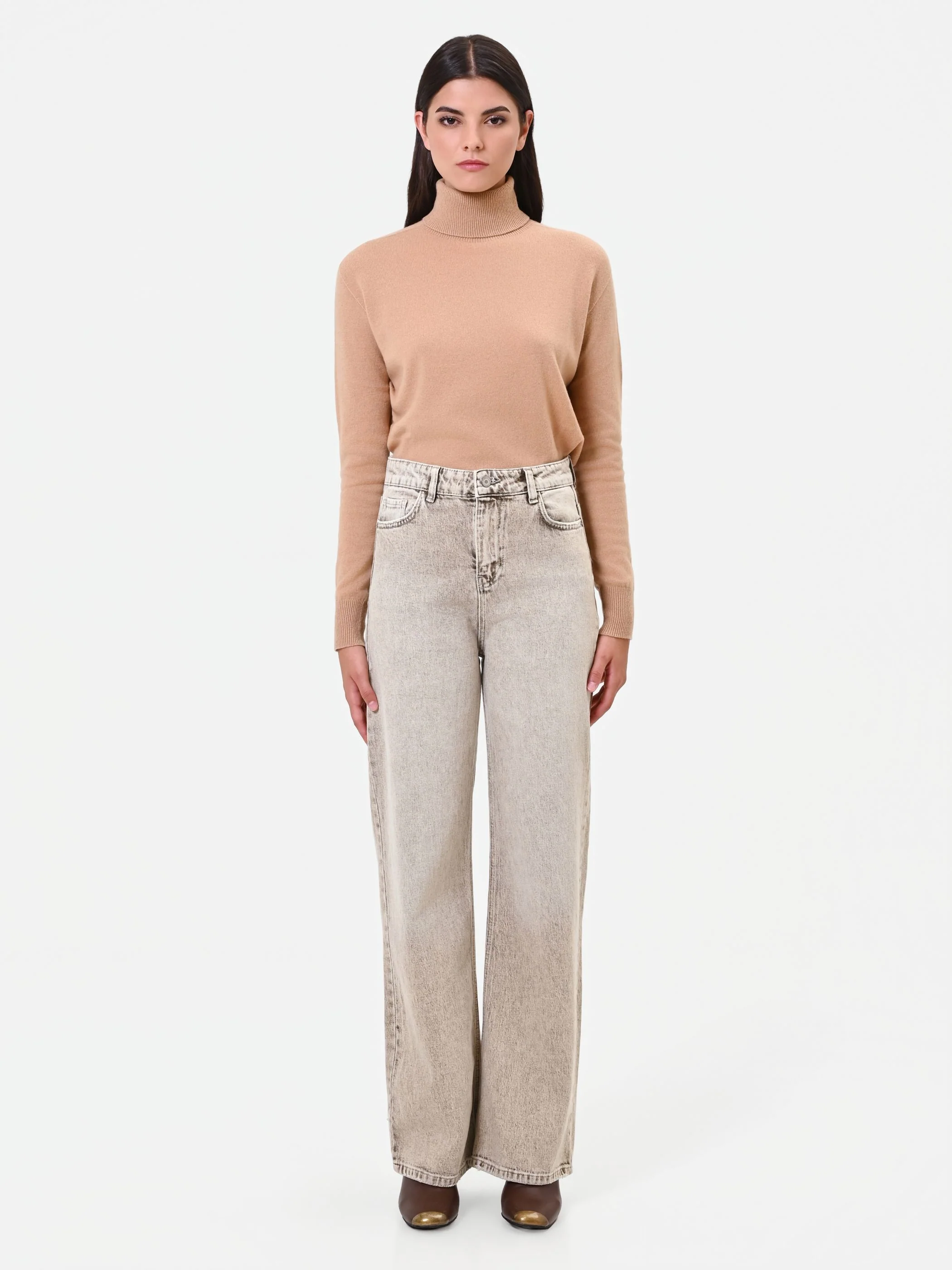 Jeans ampi a vita alta tortora beige