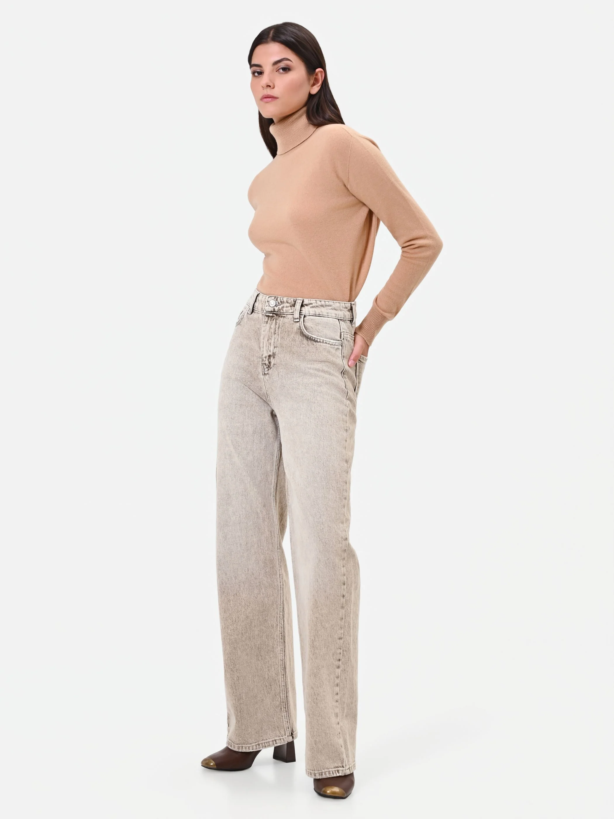 Jeans ampi a vita alta tortora beige - Image 5