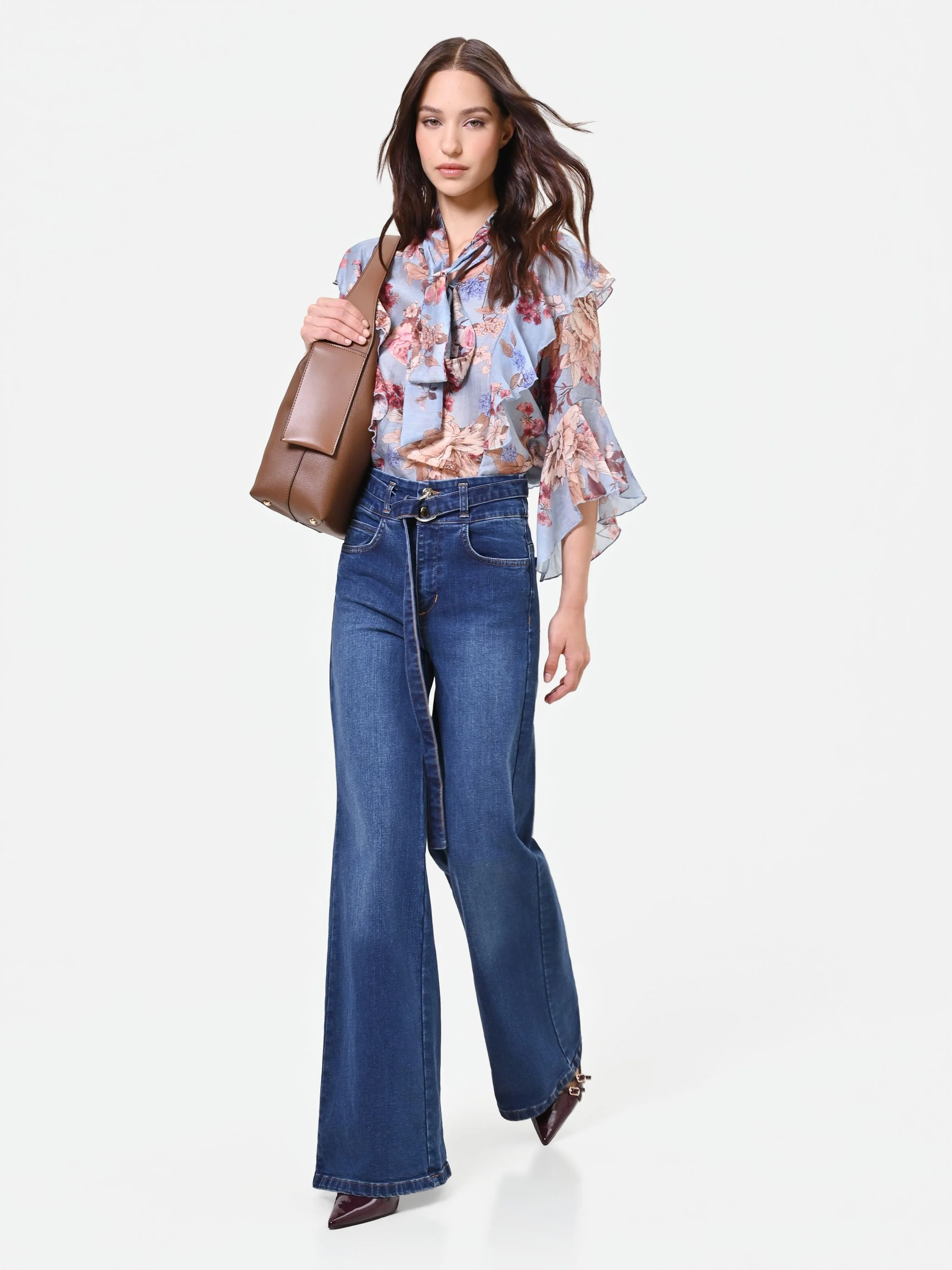 Jeans blu a vita alta con cintura gamba ampia - Image 6