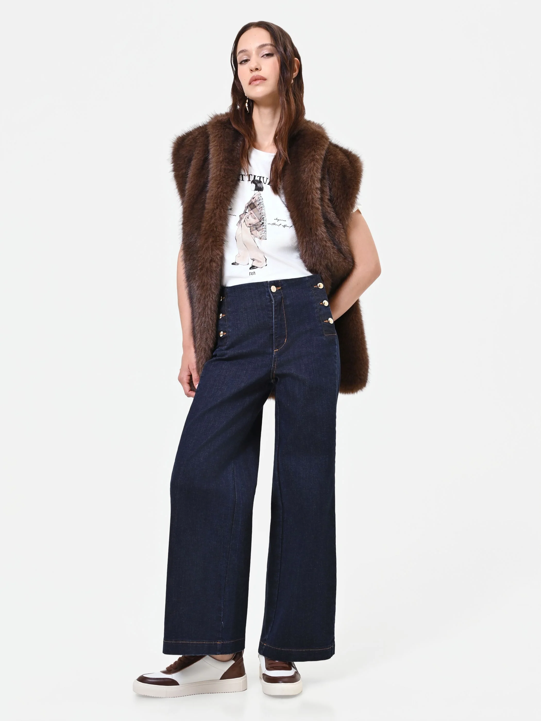 Jeans blu navy a palazzo con bottoni stile marina - Image 6