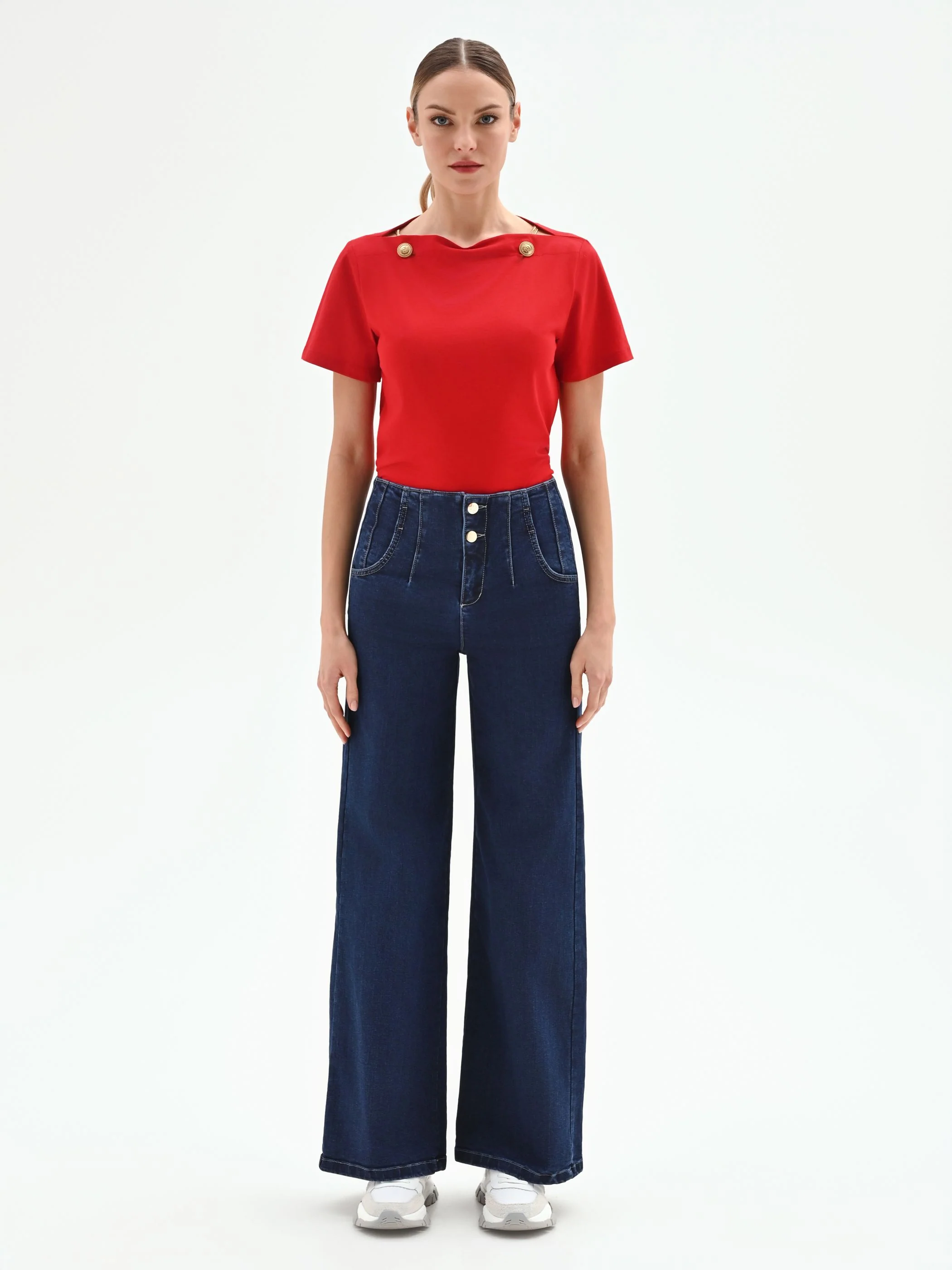 Jeans palazzo blu a vita alta