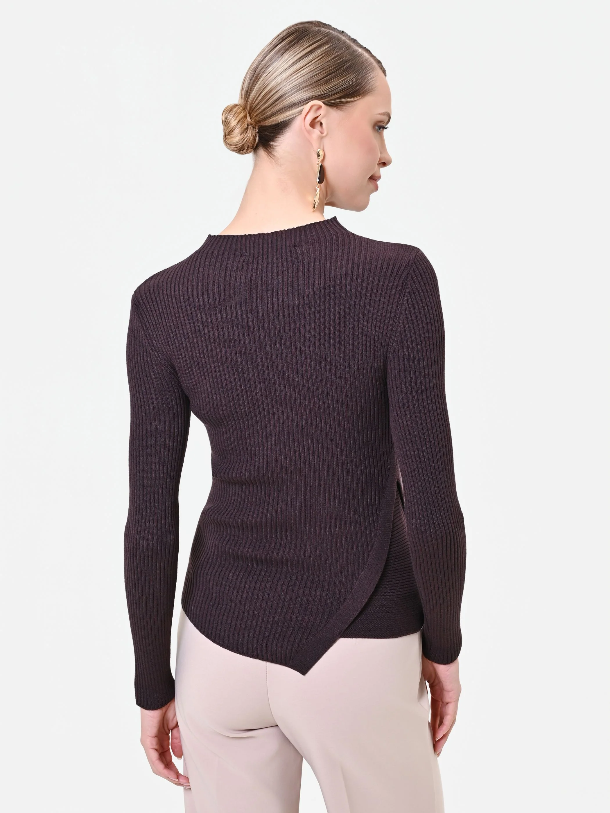 Maglia a coste con fondo asimmetrico marrone - Image 5