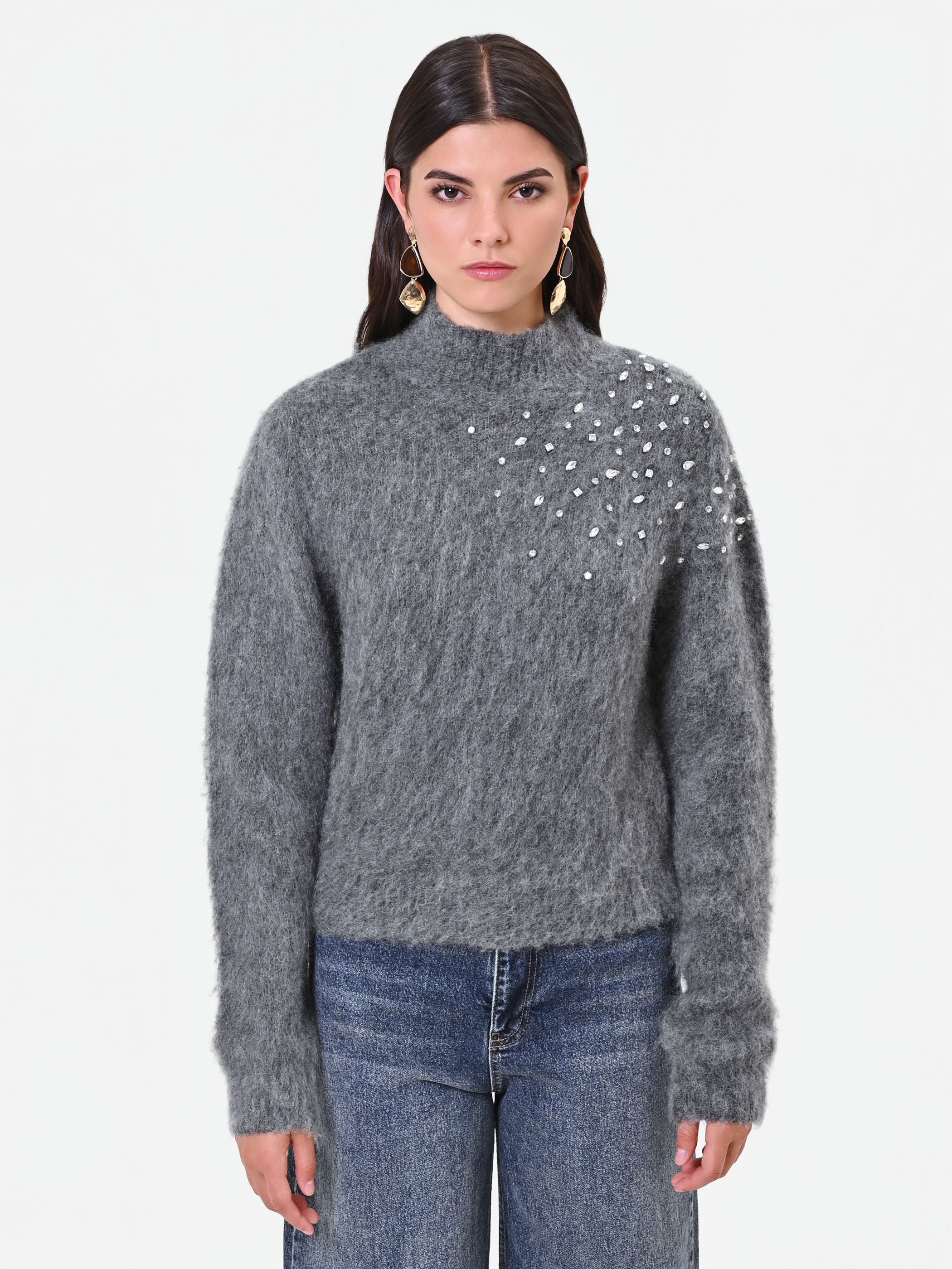 Maglia grigia in mohair con applicazione gioiello - Image 3