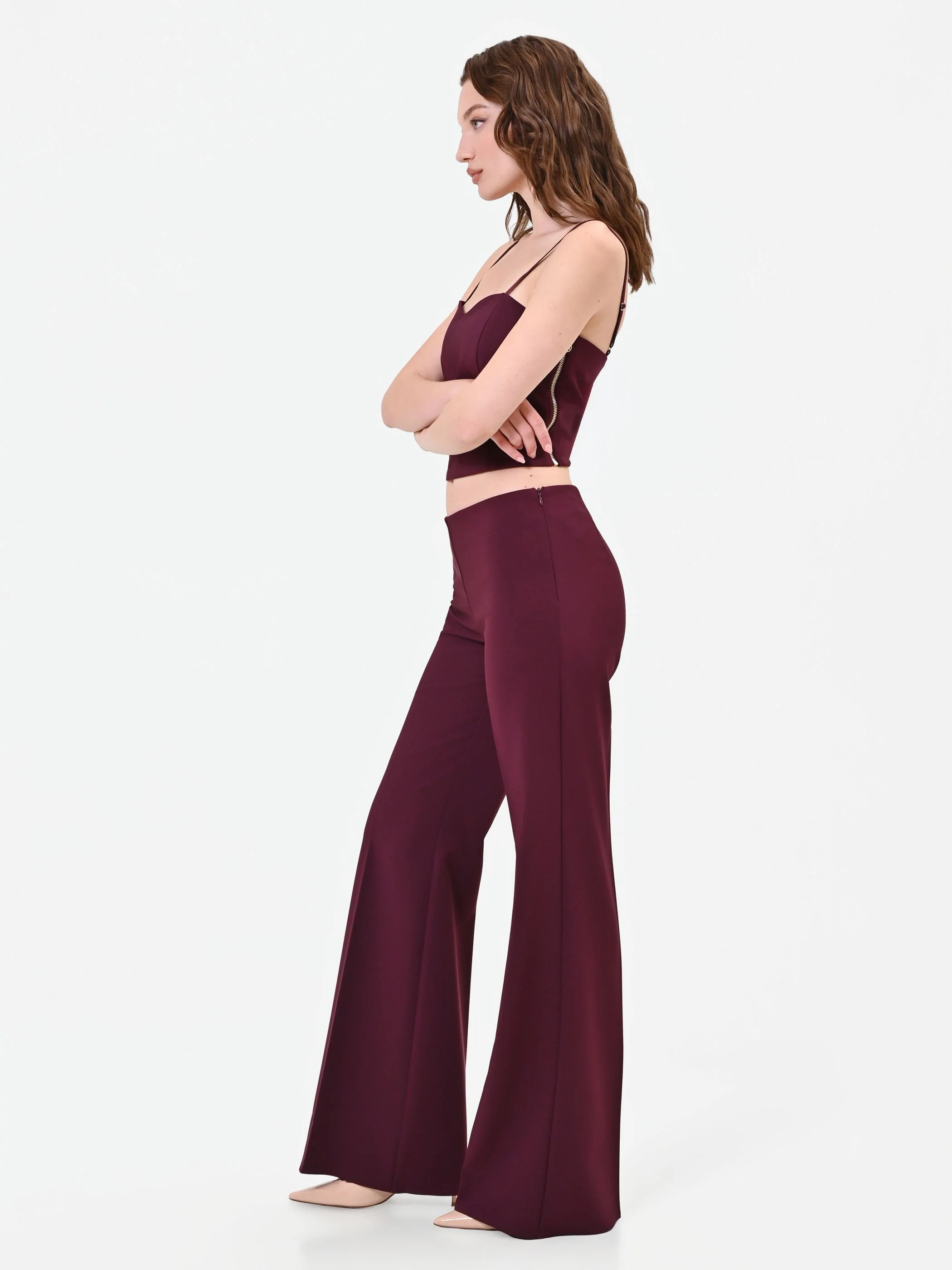 Pantalone a palazzo bordeaux rosso con piega stirata - Image 5