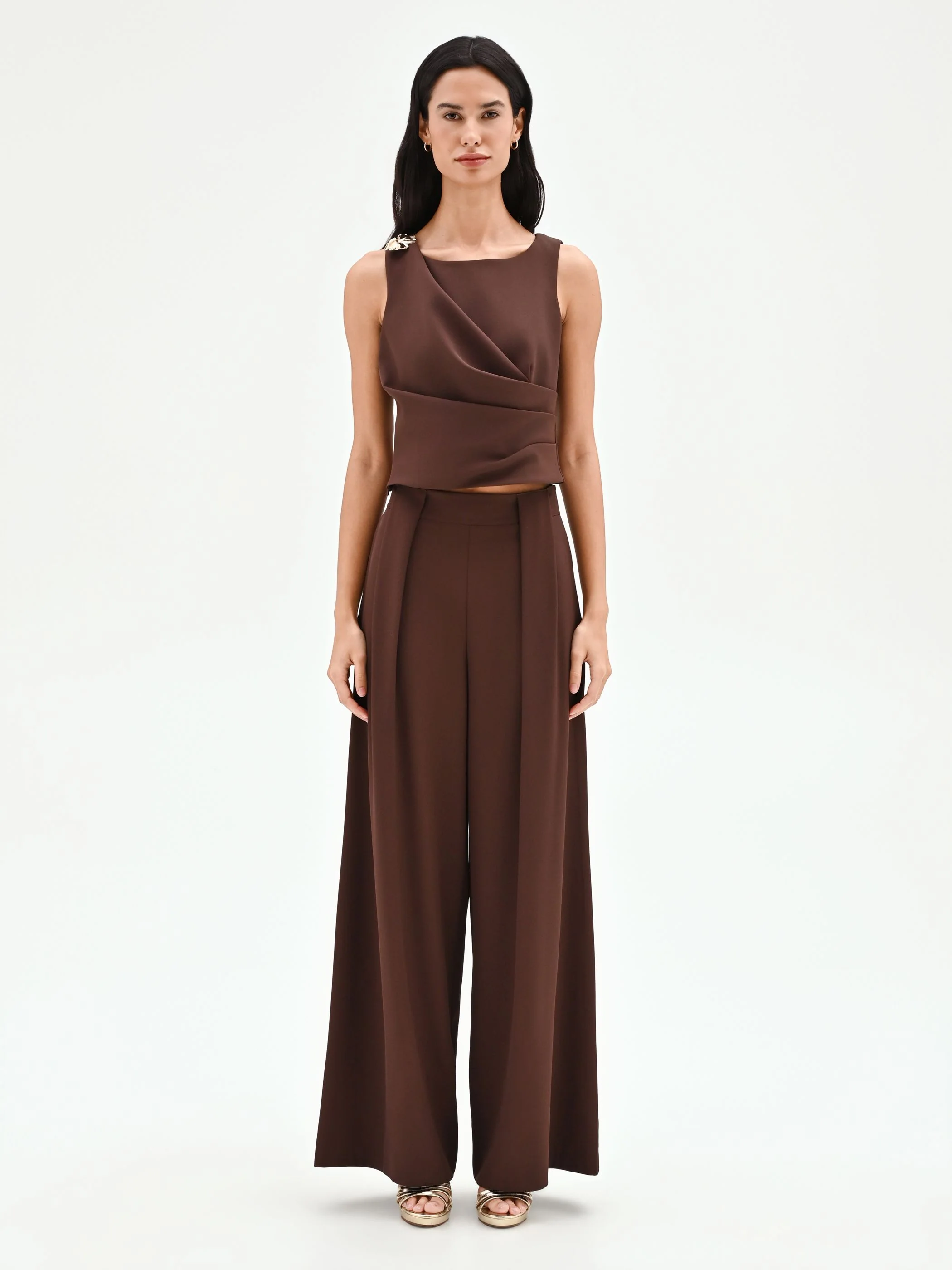 Pantalone a palazzo cioccolato a vita alta - Image 2