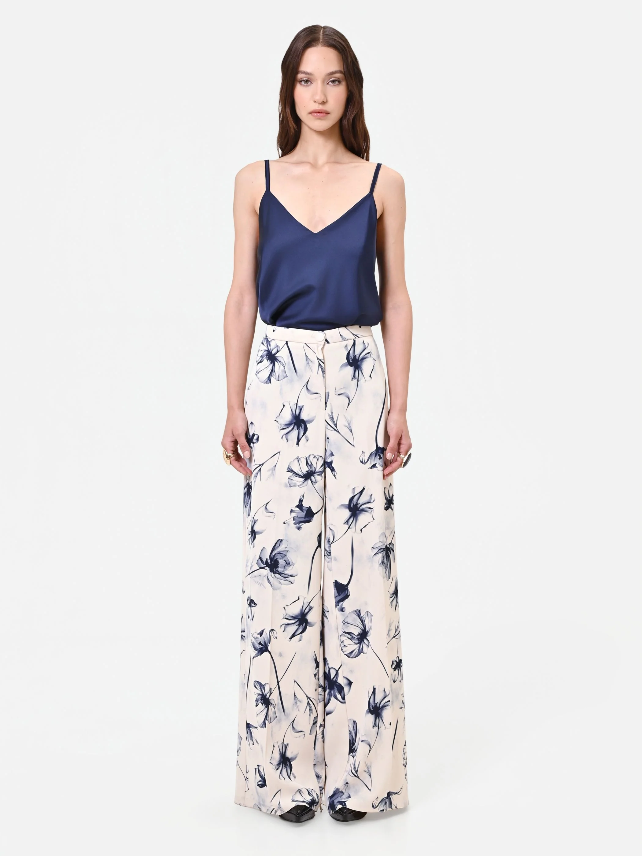 Pantalone a palazzo stampa floreale blu navy