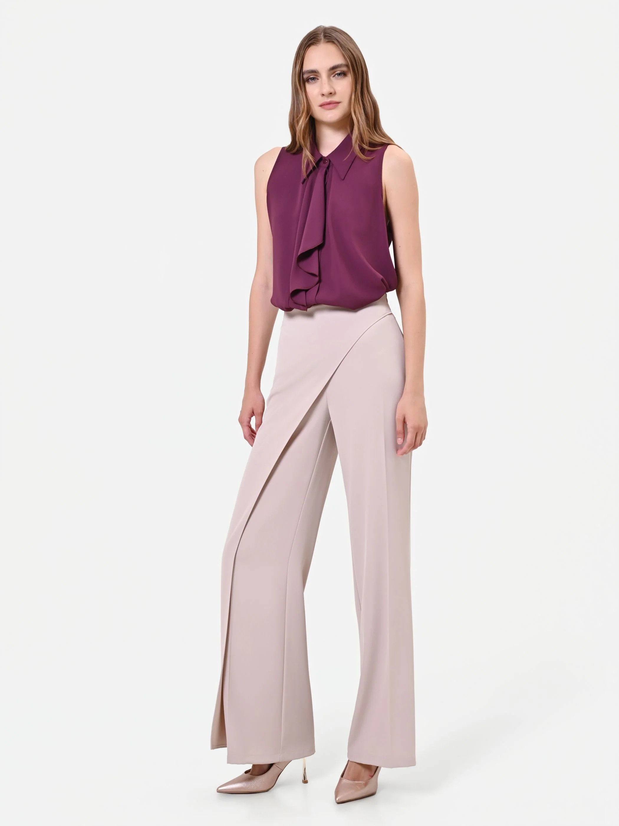 Pantalone asimmetrico fluido tortora beige - Image 4