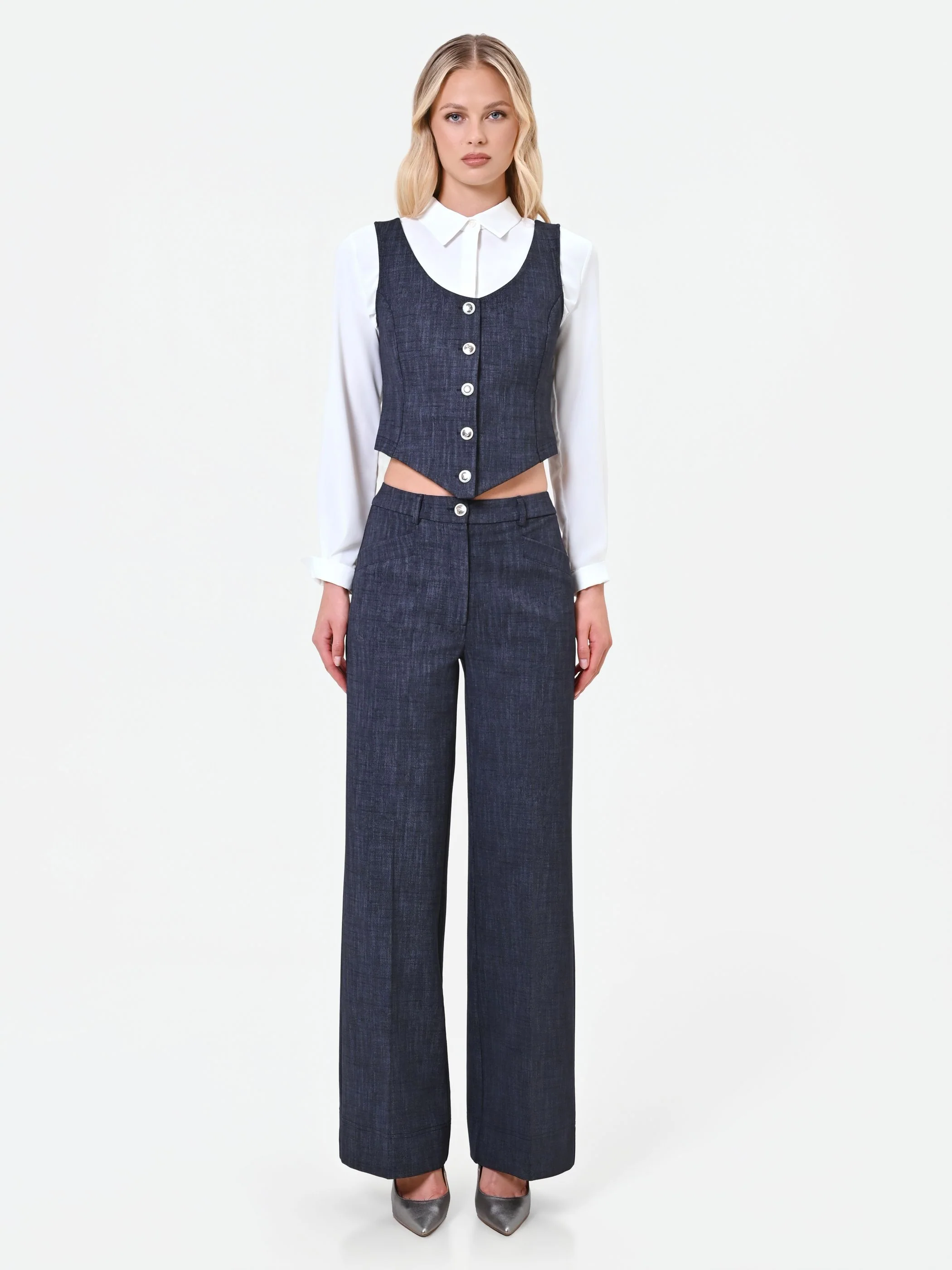 Pantalone blu navy a palazzo con risvolto