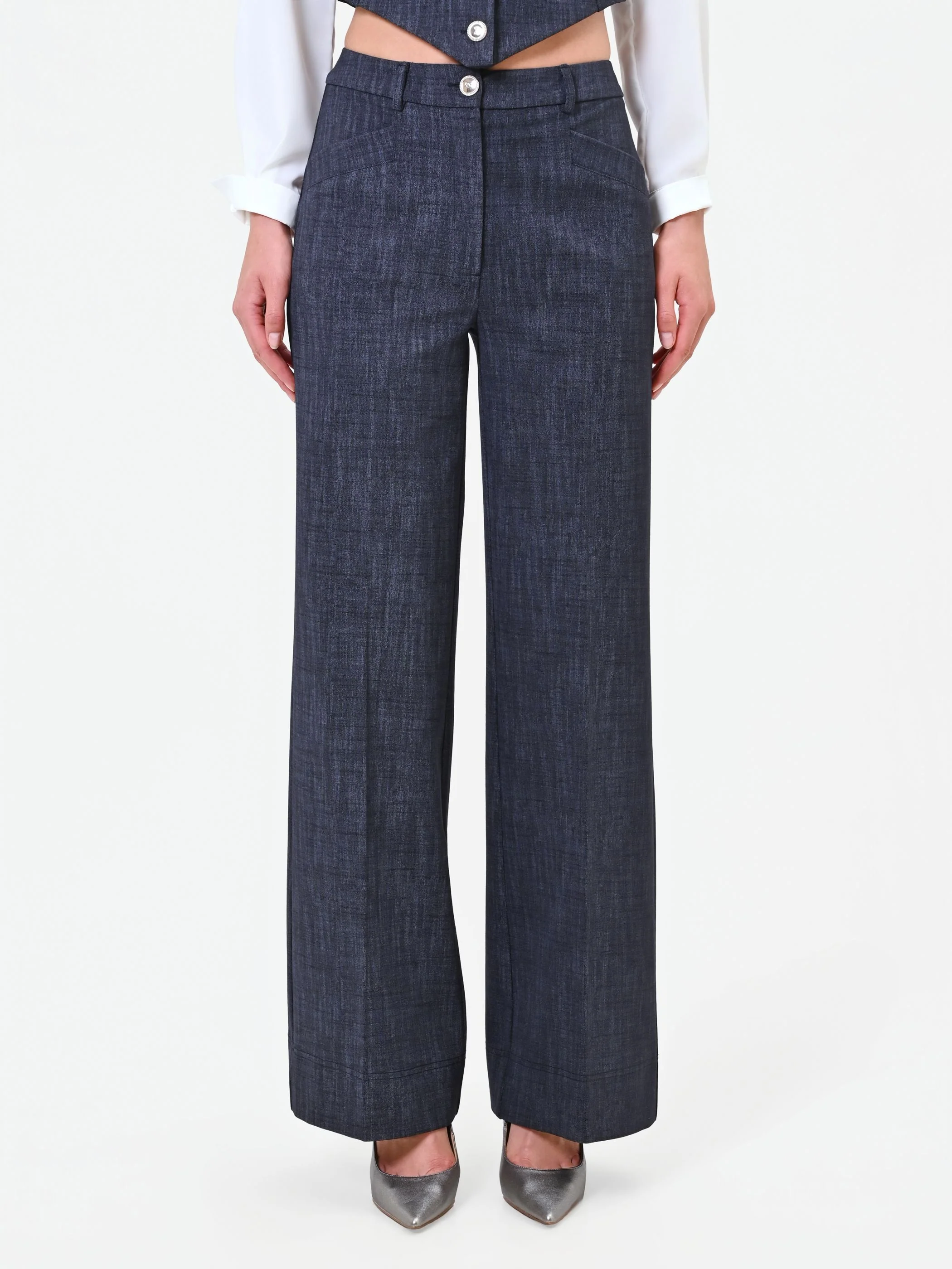 Pantalone blu navy a palazzo con risvolto - Image 2