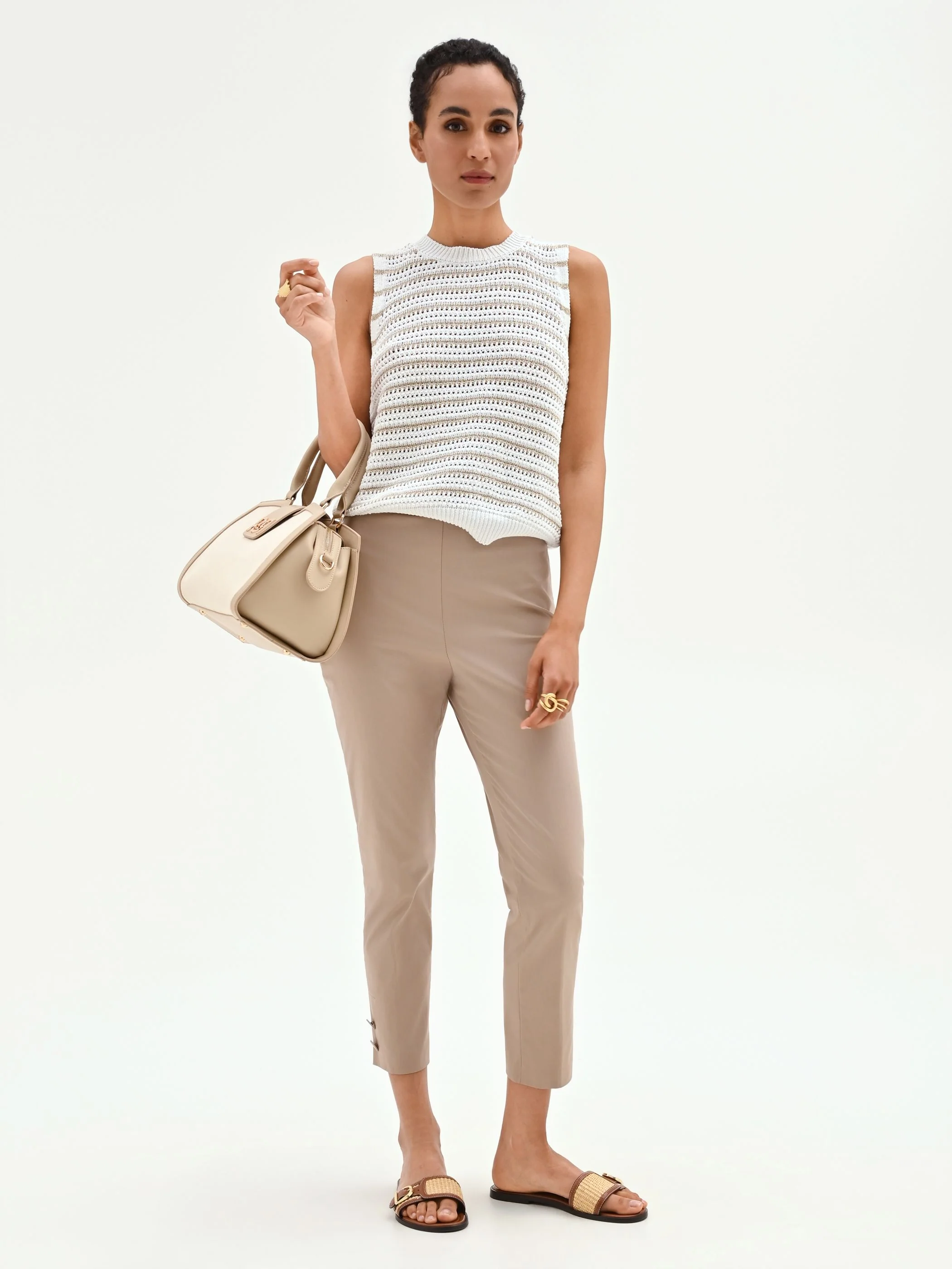 Pantalone cropped tortora beige con spacchi in raso di cotone - Image 6