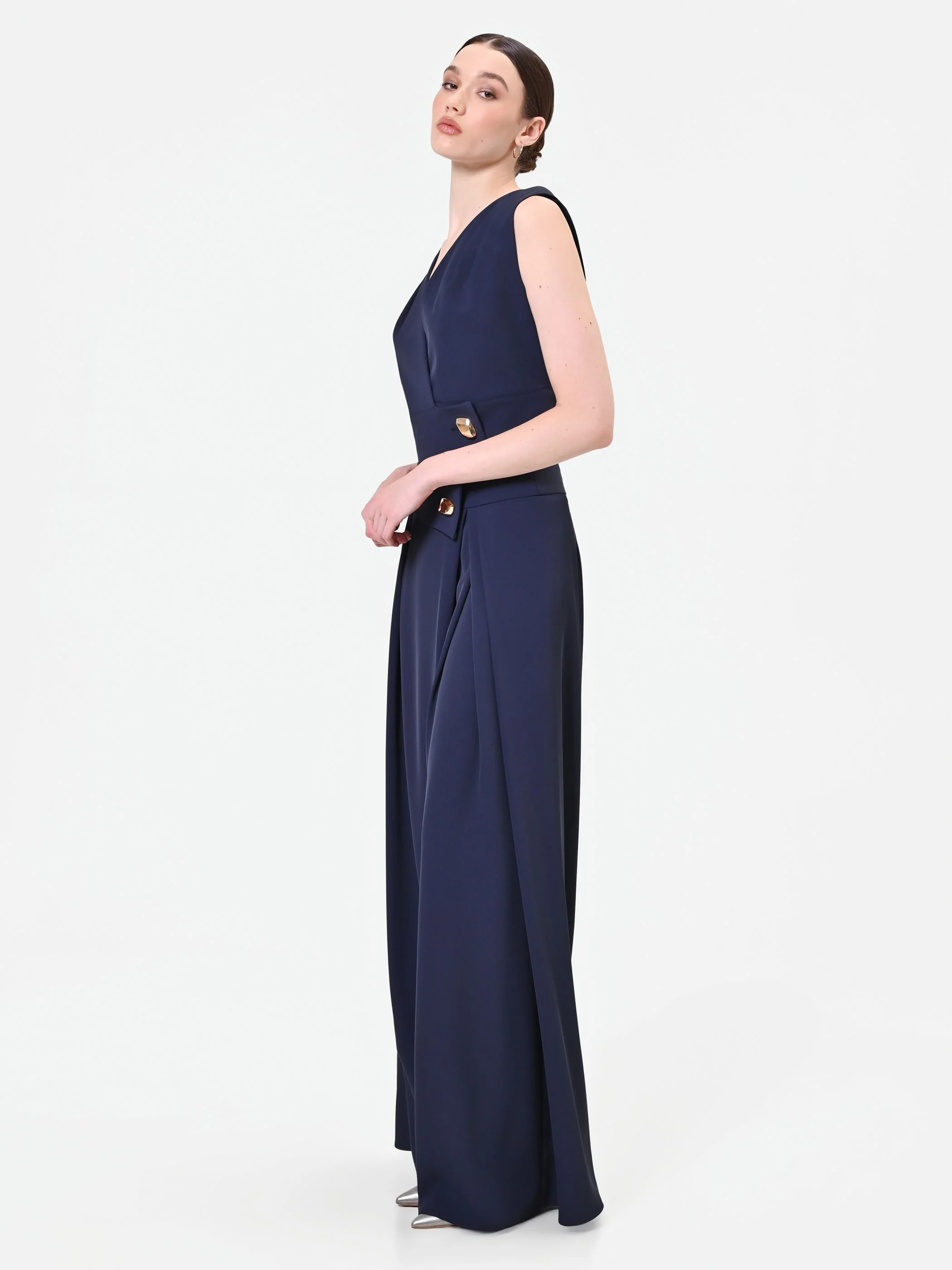 Pantalone palazzo blu navy con bottone design - Image 5