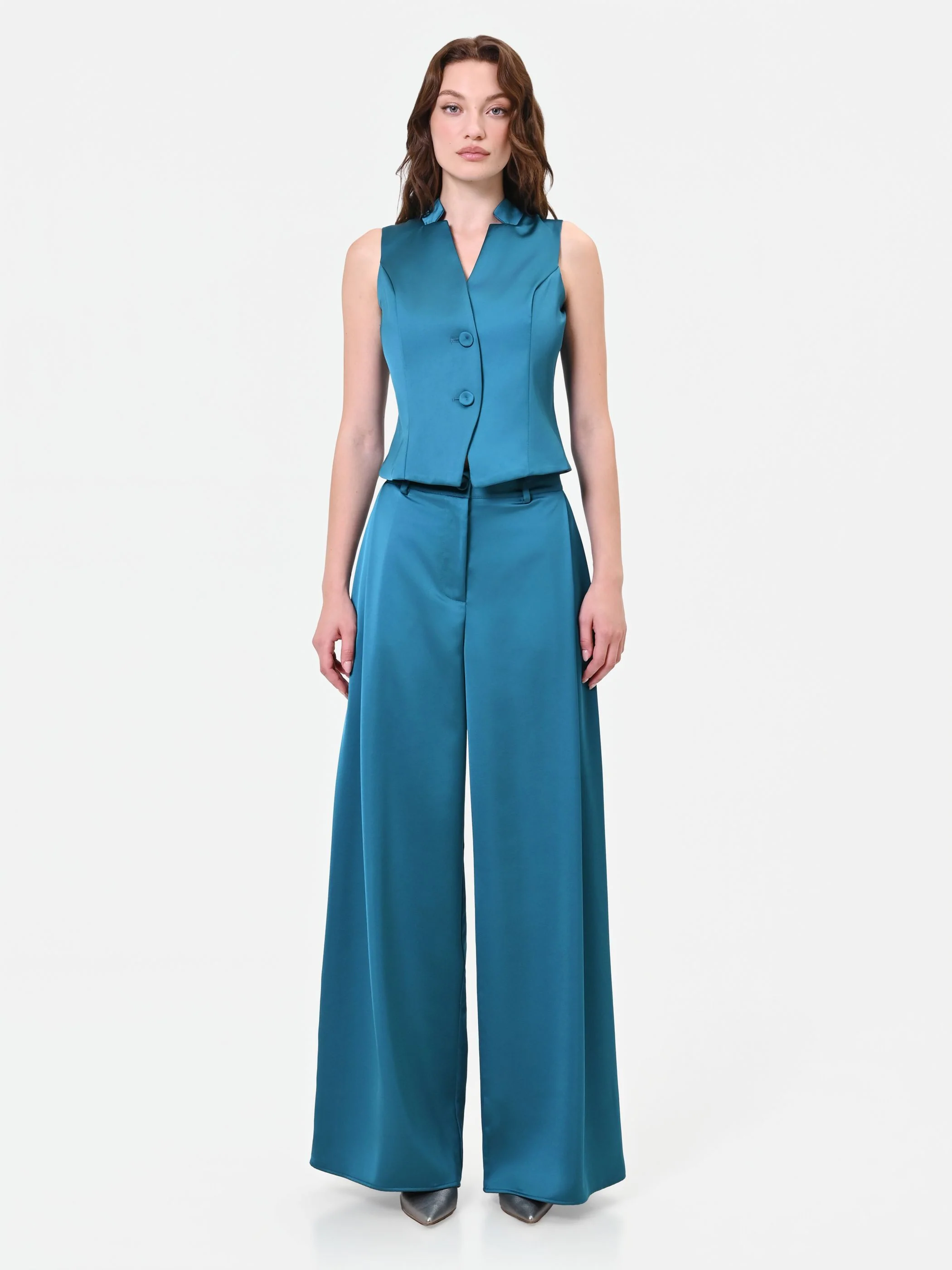 Pantalone palazzo blu ottanio in raso - Image 3
