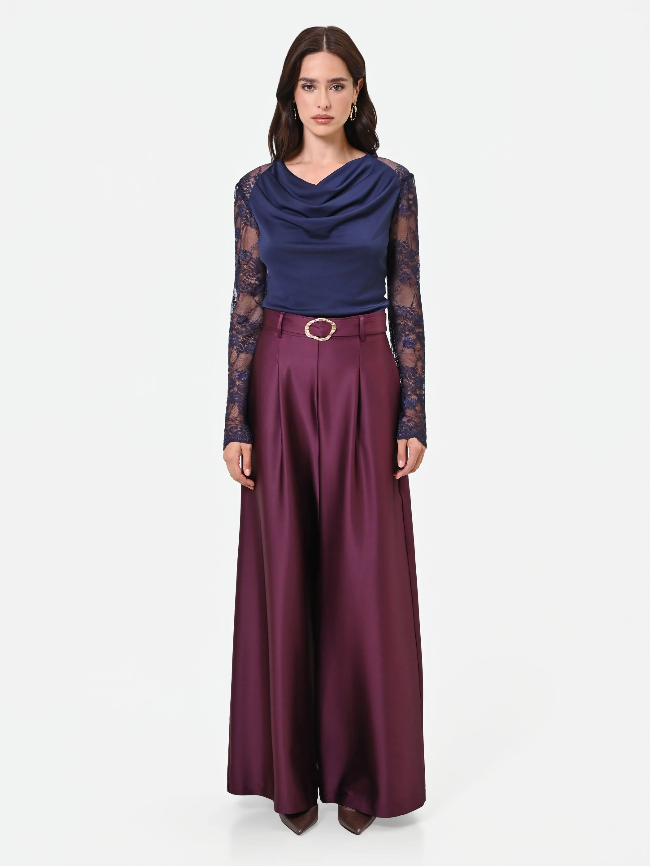Pantalone palazzo bordeaux in raso
