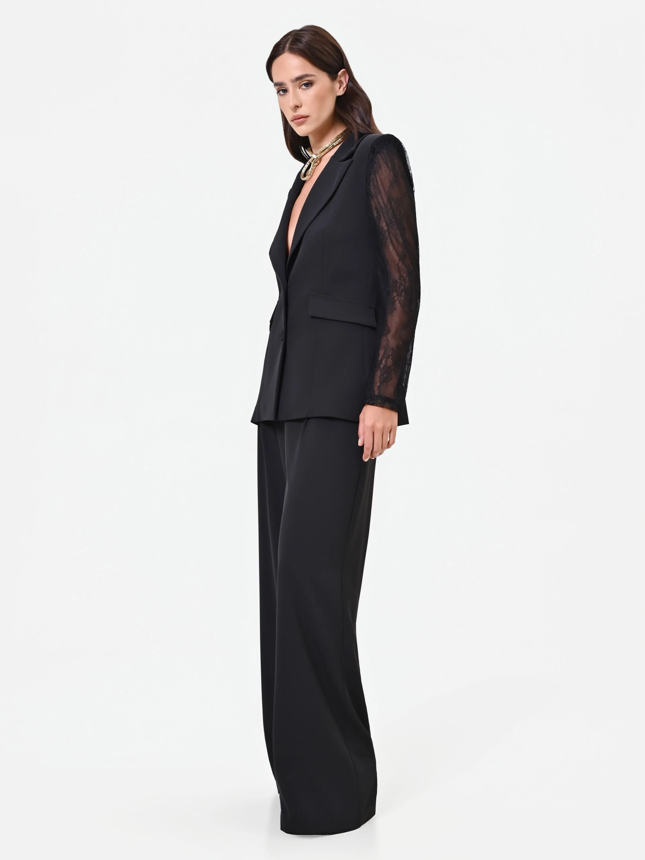 Pantalone palazzo nero con fascia in pizzo - Image 4