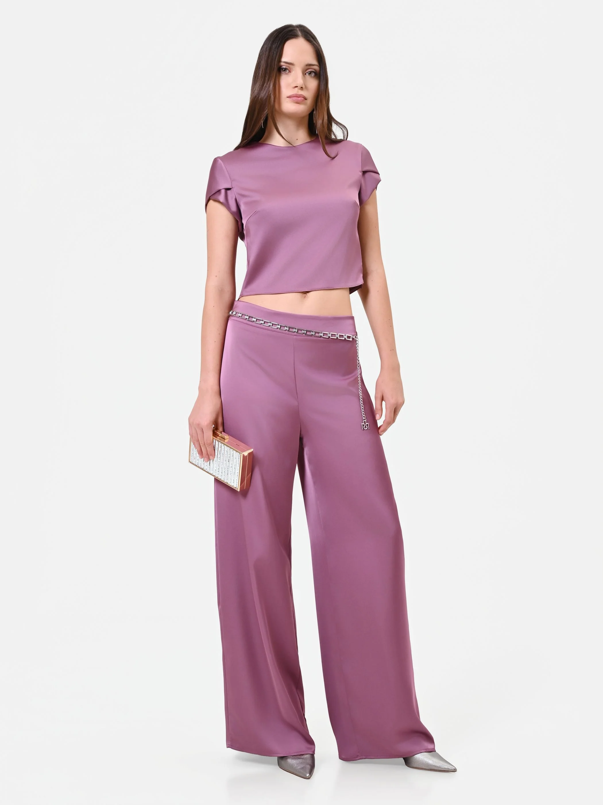 Pantalone palazzo rosa antico in raso - Image 6