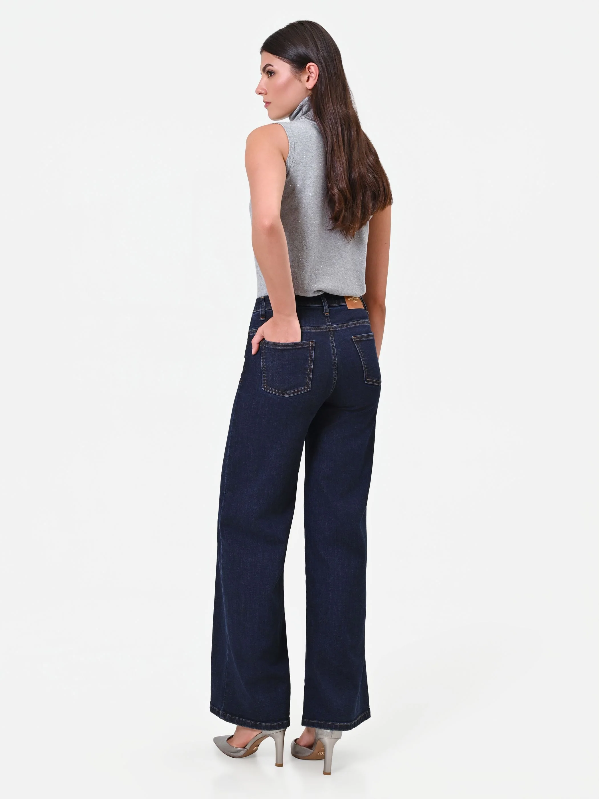Pantaloni jeans blu navy a palazzo - Image 3