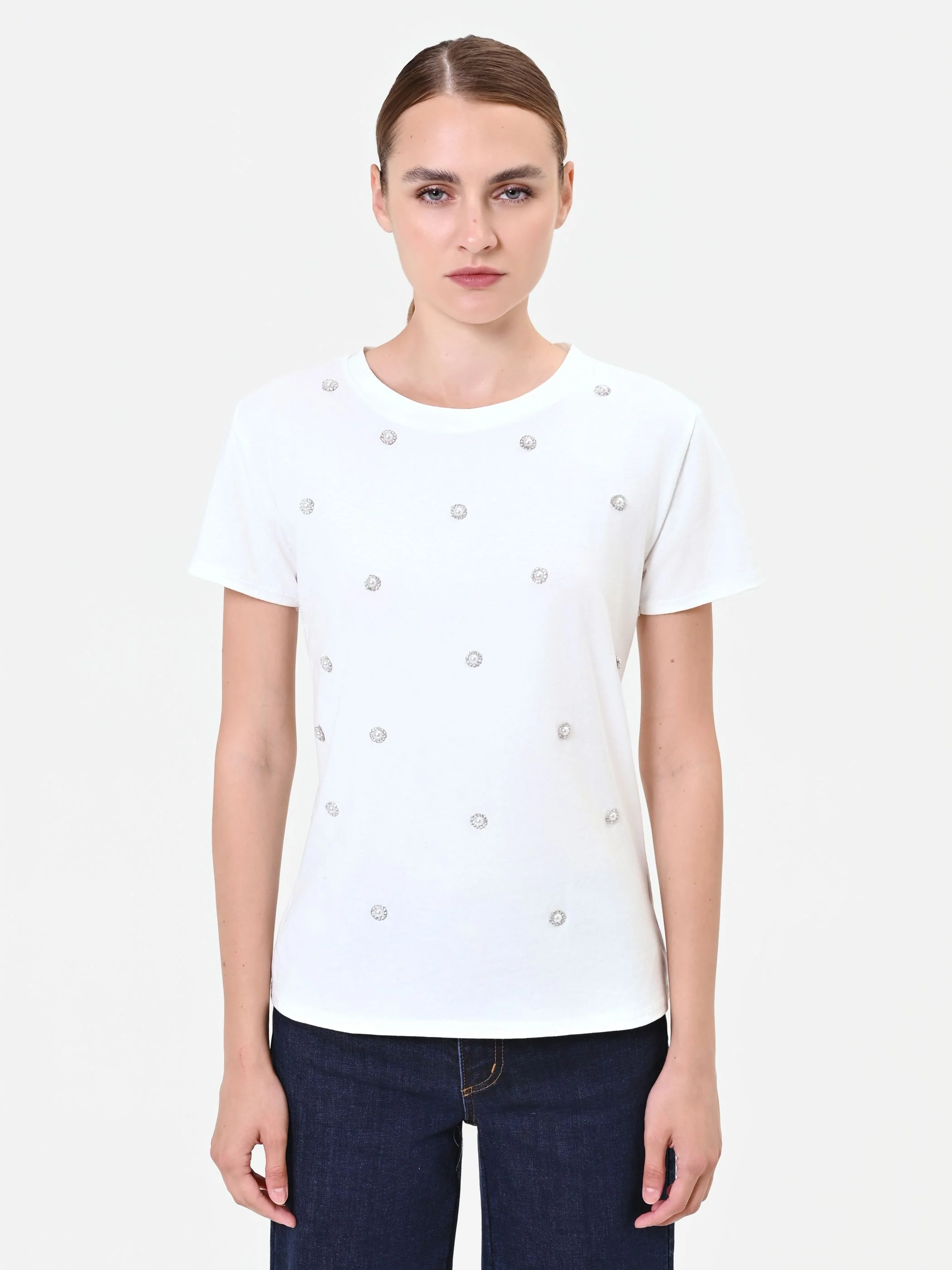 T-shirt panna con applicazioni gioiello - Image 3