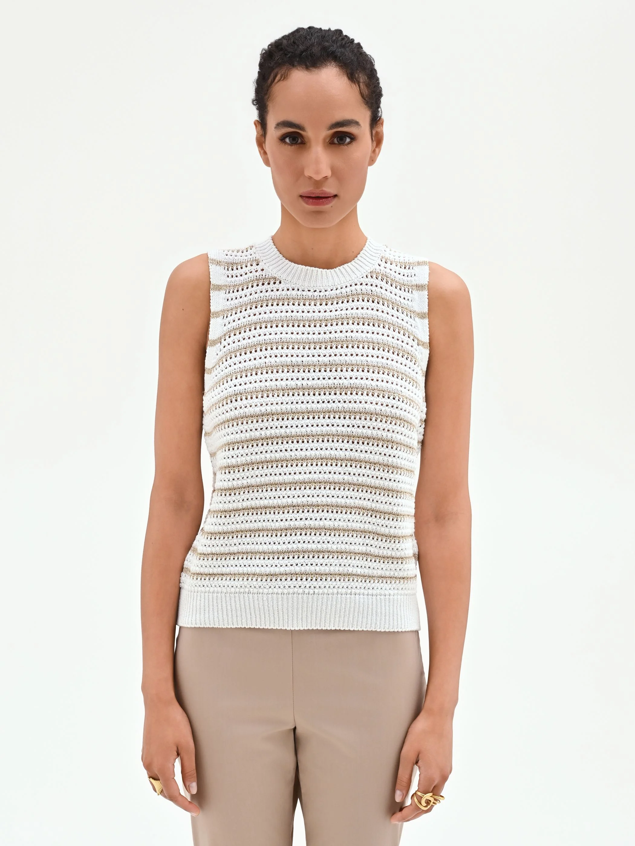 Top bianco panna in maglia crochet a righe - Image 2