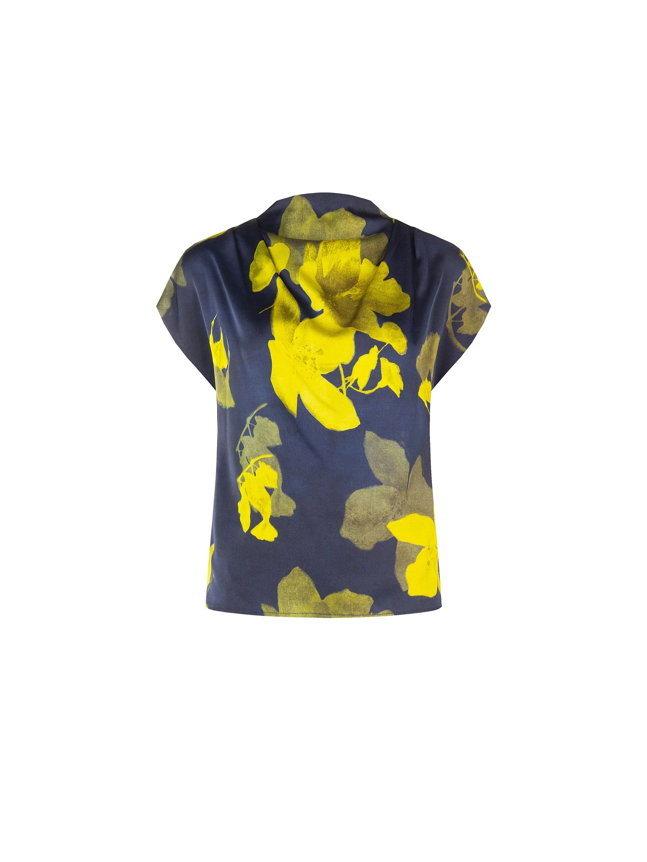Top blu navy con collo drappeggiato e stampa floreale - Image 6