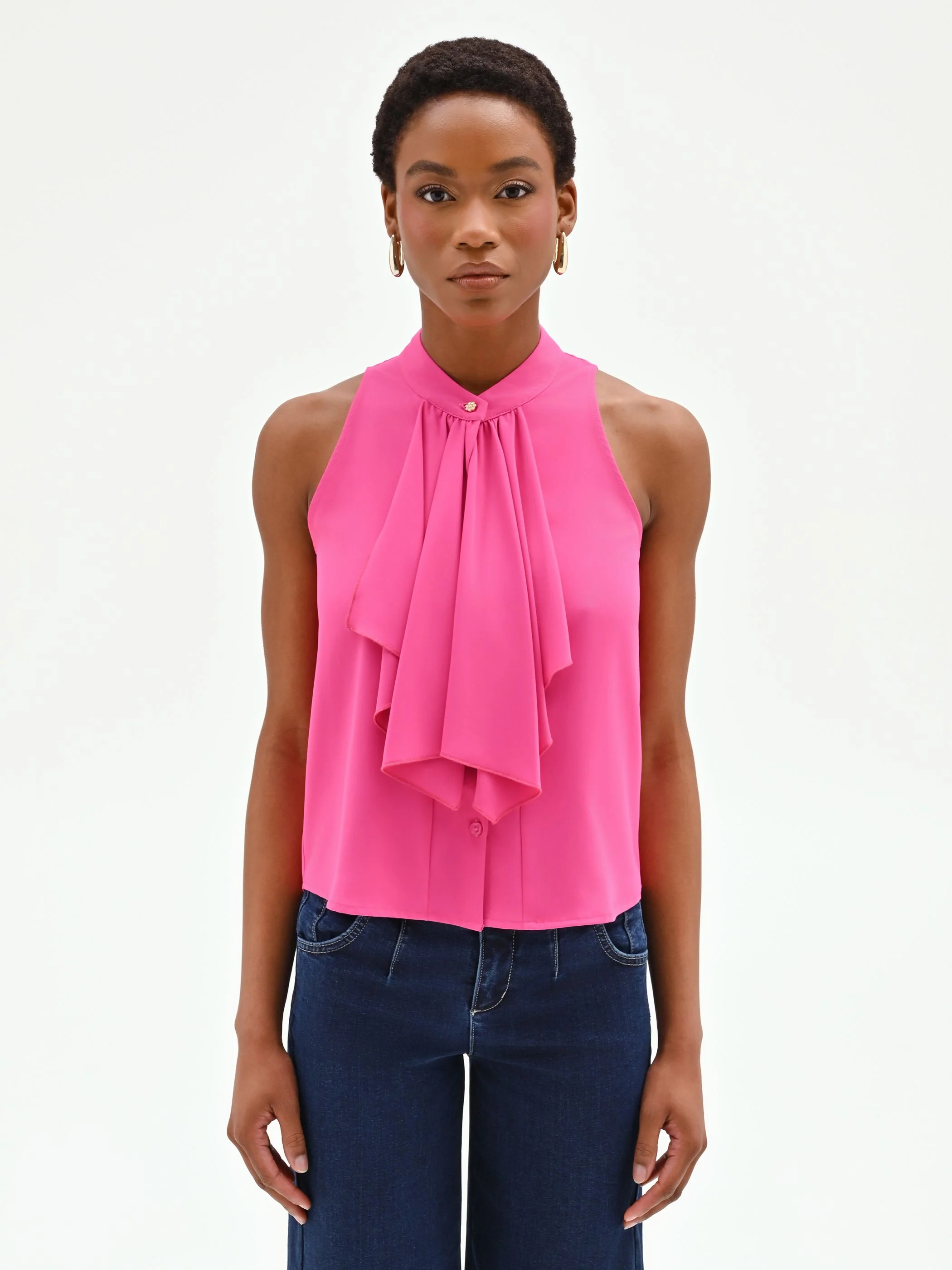 Top fuxia in georgette con rouche a cascata
