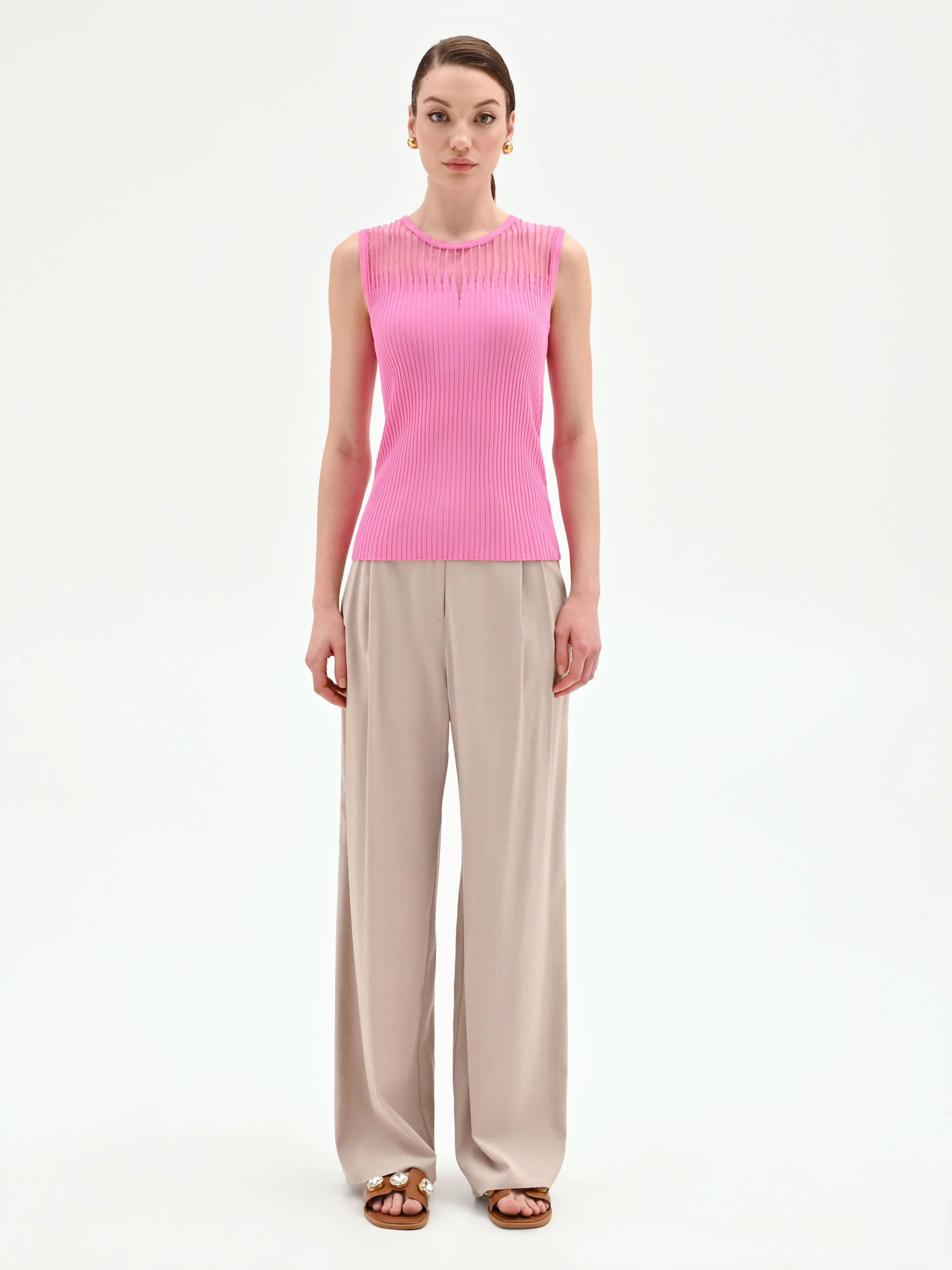 Top rosa in maglia a costine con inserto a righe