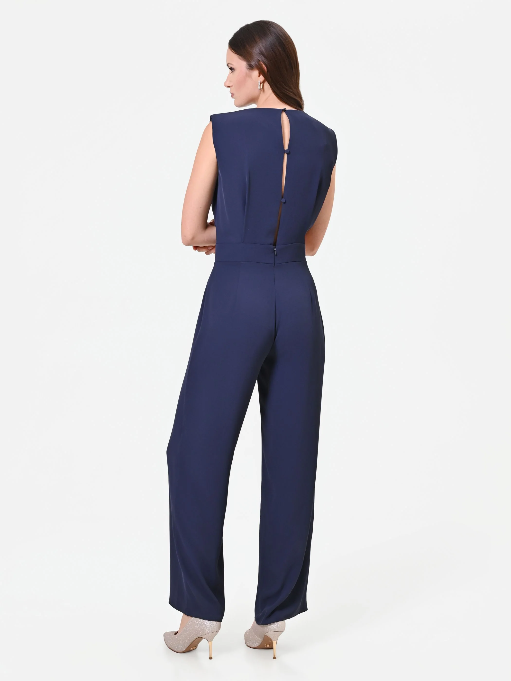 Tuta blu navy con pantalone palazzo e drappeggio - Image 2