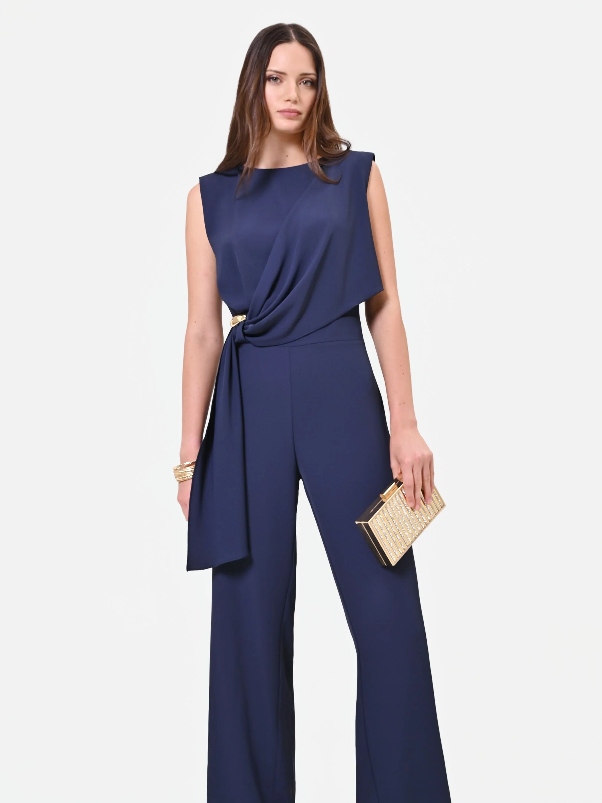 Tuta blu navy con pantalone palazzo e drappeggio - Image 5