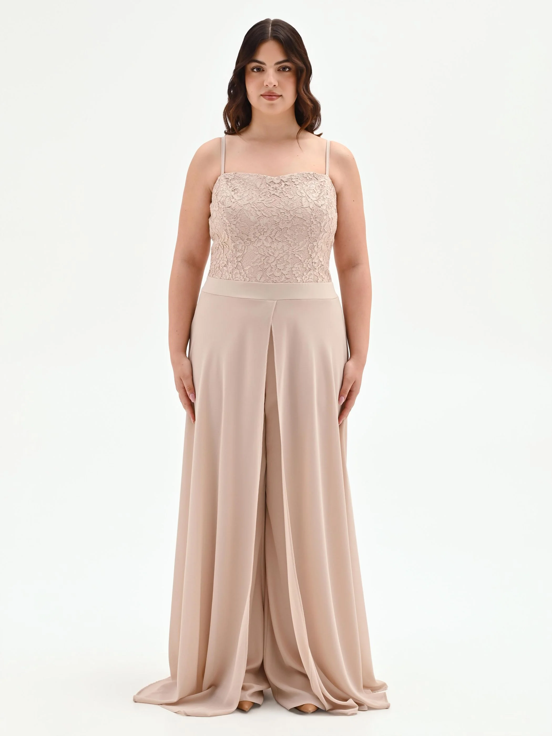 Tuta Curvy tortora beige con corpetto in pizzo
