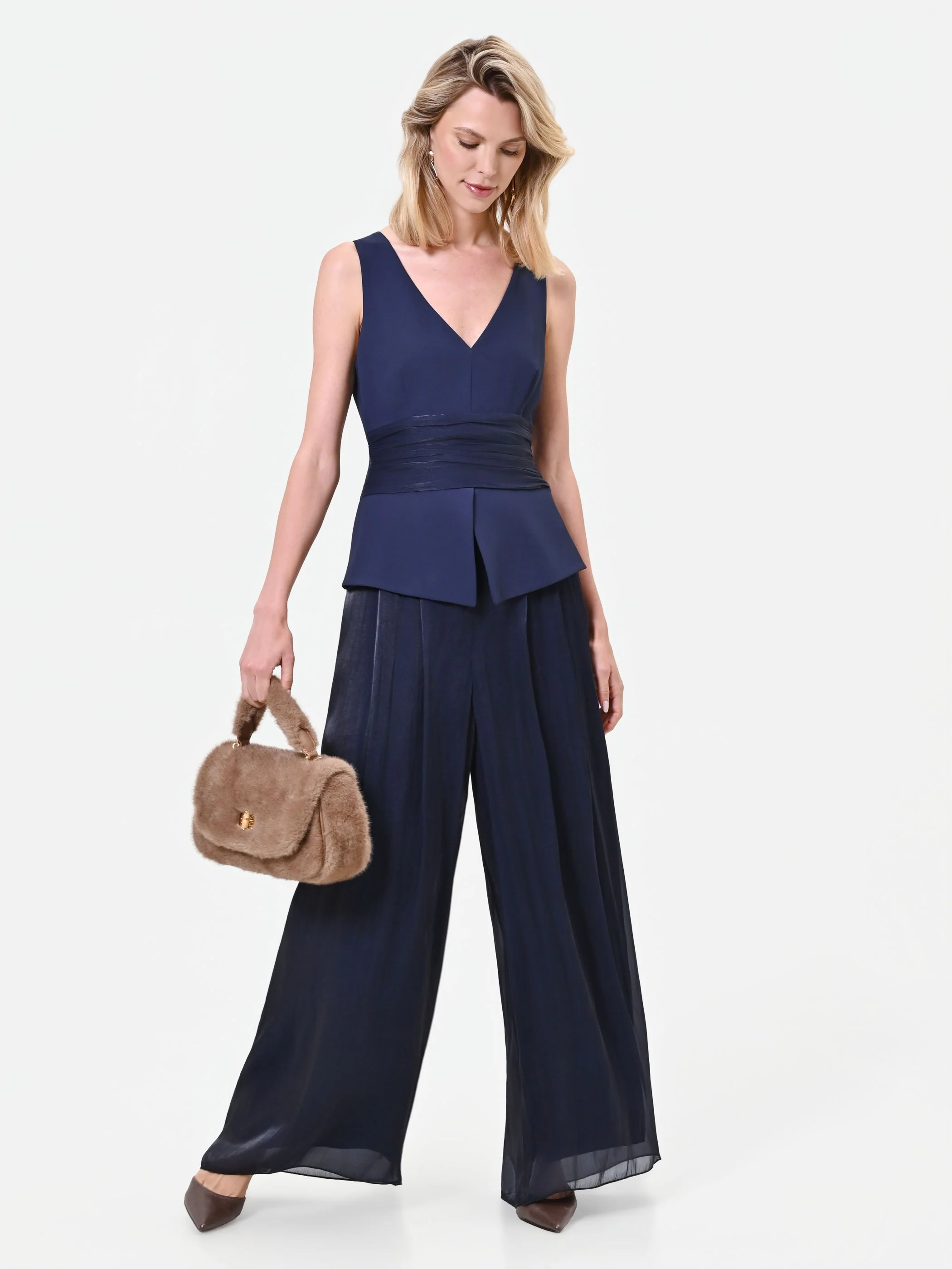Tuta fluida in raso cangiante blu navy - Image 5