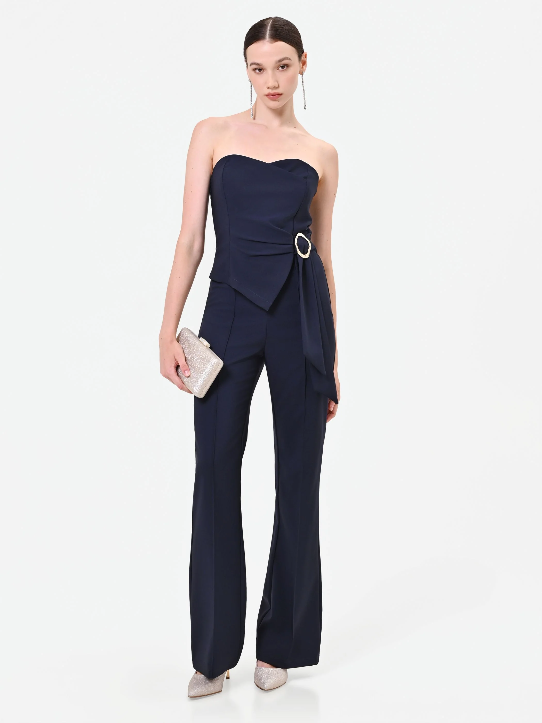 Tuta intera blu navy con bustino e drappeggio - Image 5